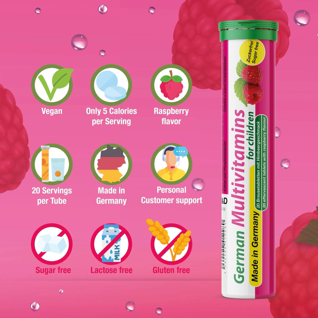 T&D German Multivitamin for Children 60 Drink Effervescent Tablets - Sweet Raspberry Flavour, Sugar Free, Vegan - Vitamin C, E, B1, B2, B6, B12 - TrustMedUSA