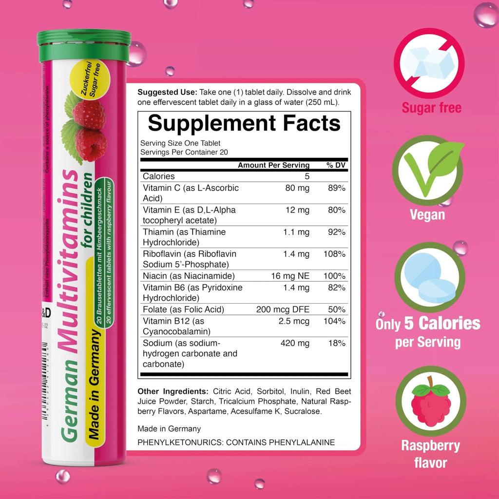 T&D German Multivitamin for Children 60 Drink Effervescent Tablets - Sweet Raspberry Flavour, Sugar Free, Vegan - Vitamin C, E, B1, B2, B6, B12 - TrustMedUSA