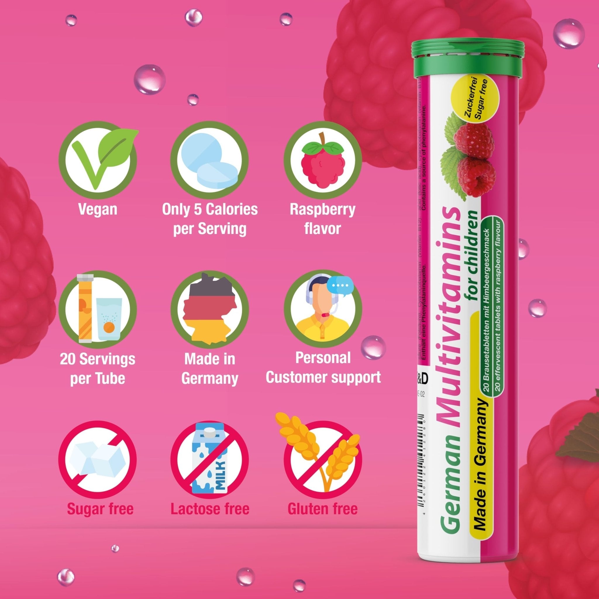 T&D German Multivitamin for Children 60 Drink Effervescent Tablets - Sweet Raspberry Flavour, Sugar Free, Vegan - Vitamin C, E, B1, B2, B6, B12, Folic Acid, Niacin Pharma – Made in Germany - Maple Wellness Supplements