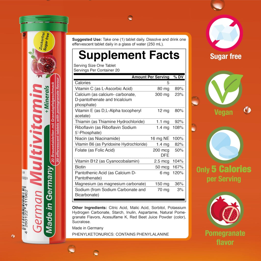 T&D German Multivitamin + Mineralien Drink Effervescent Tablets 60 Servings Pomegranate Flavour – 10 Vitamins + 2 Minerals – Made in Germany - Maple Wellness Supplements