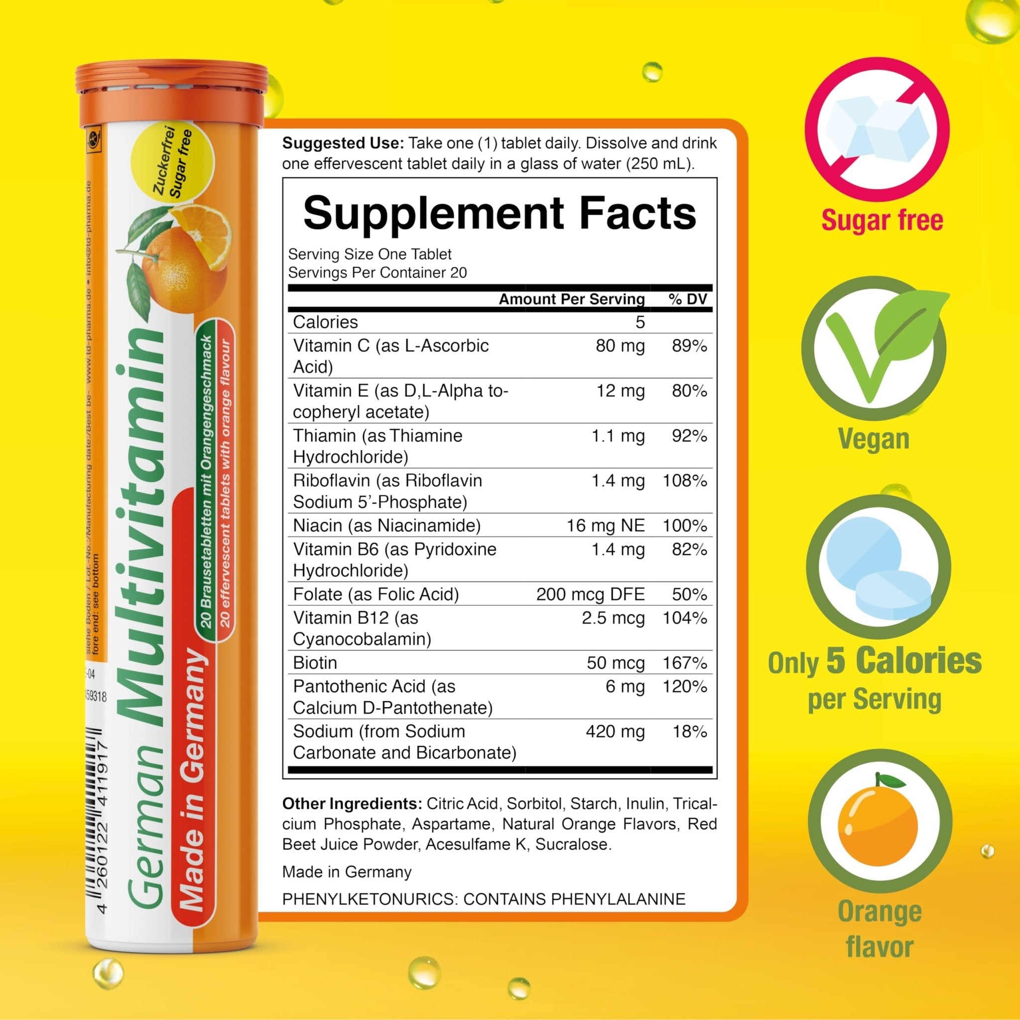 T&D German Multvitamin 10 Vitamins - 40 Vegan Drink Effervescent Tablets - Orange Flavor - Made in Germany - Maple Wellness Supplements