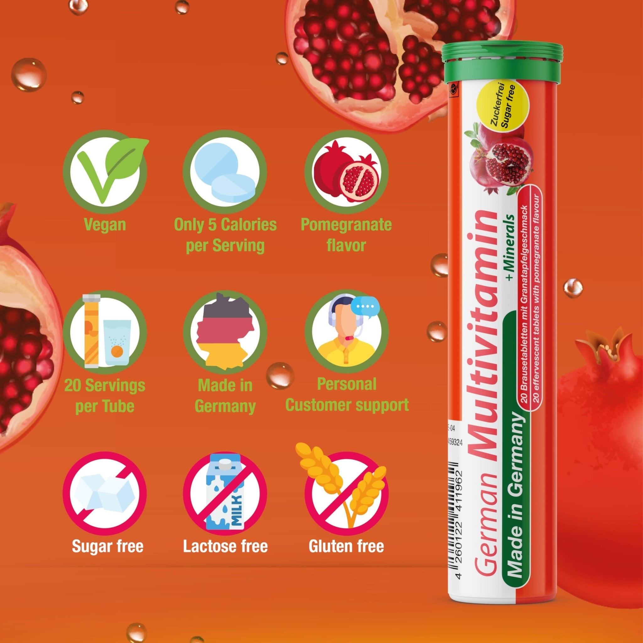 T&D German Multvitamin + Minerals 10 Vitamins 2 Minerals - 240 Vegan Drink Effervescent Tablets - Pomegranate Flavor - Made in Germany - Maple Wellness Supplements