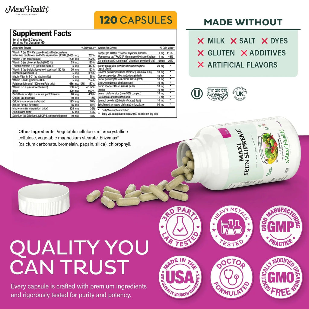 Teen Vitamins for Girls 12-17 - Teen Multivitamin D3, Iron, Calcium, Biotin, Zinc, Digestive Enzymes – Teenager Girl Multi Vitamins - TrustMedUSA