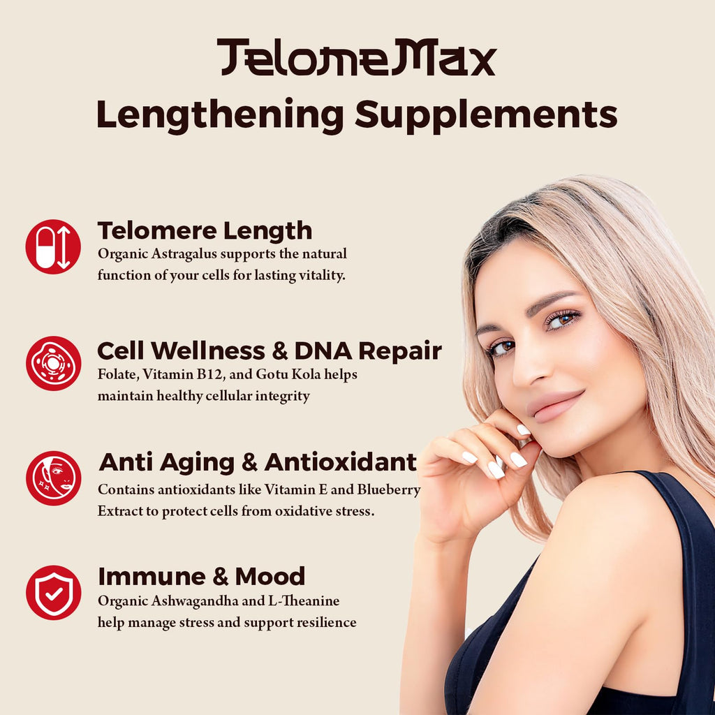Telomere Lengthening Supplements – Organic Astragalus, Gotu Kola, Vitamin D3, Folate, L-Theanine – Anti-Aging, DNA Repair, Immune & Cellular – 60 Vegan Capsules, Made in Japan (1 Bottle) - TrustMedUSA