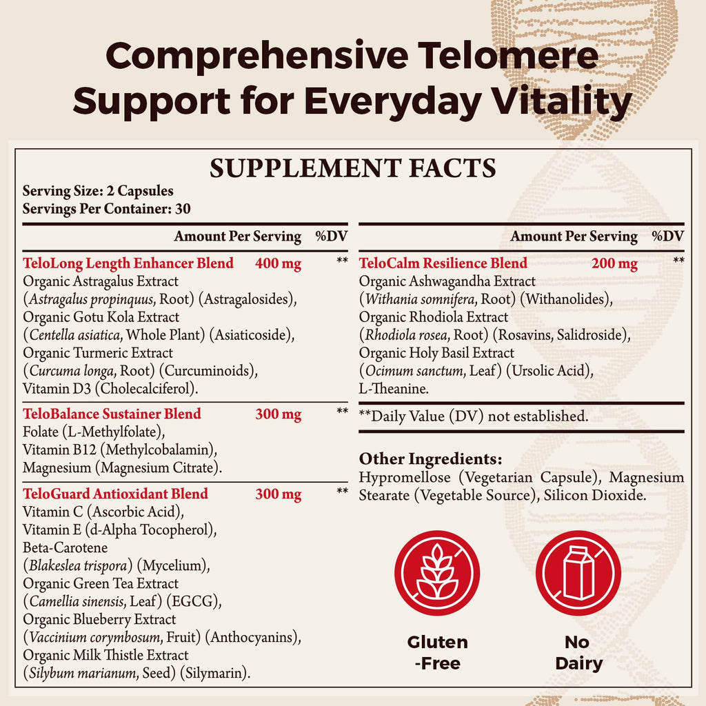 Telomere Lengthening Supplements – Organic Astragalus, Gotu Kola, Vitamin D3, Folate, L-Theanine – Anti-Aging, DNA Repair, Immune & Cellular – 60 Vegan Capsules, Made in Japan (1 Bottle) - TrustMedUSA