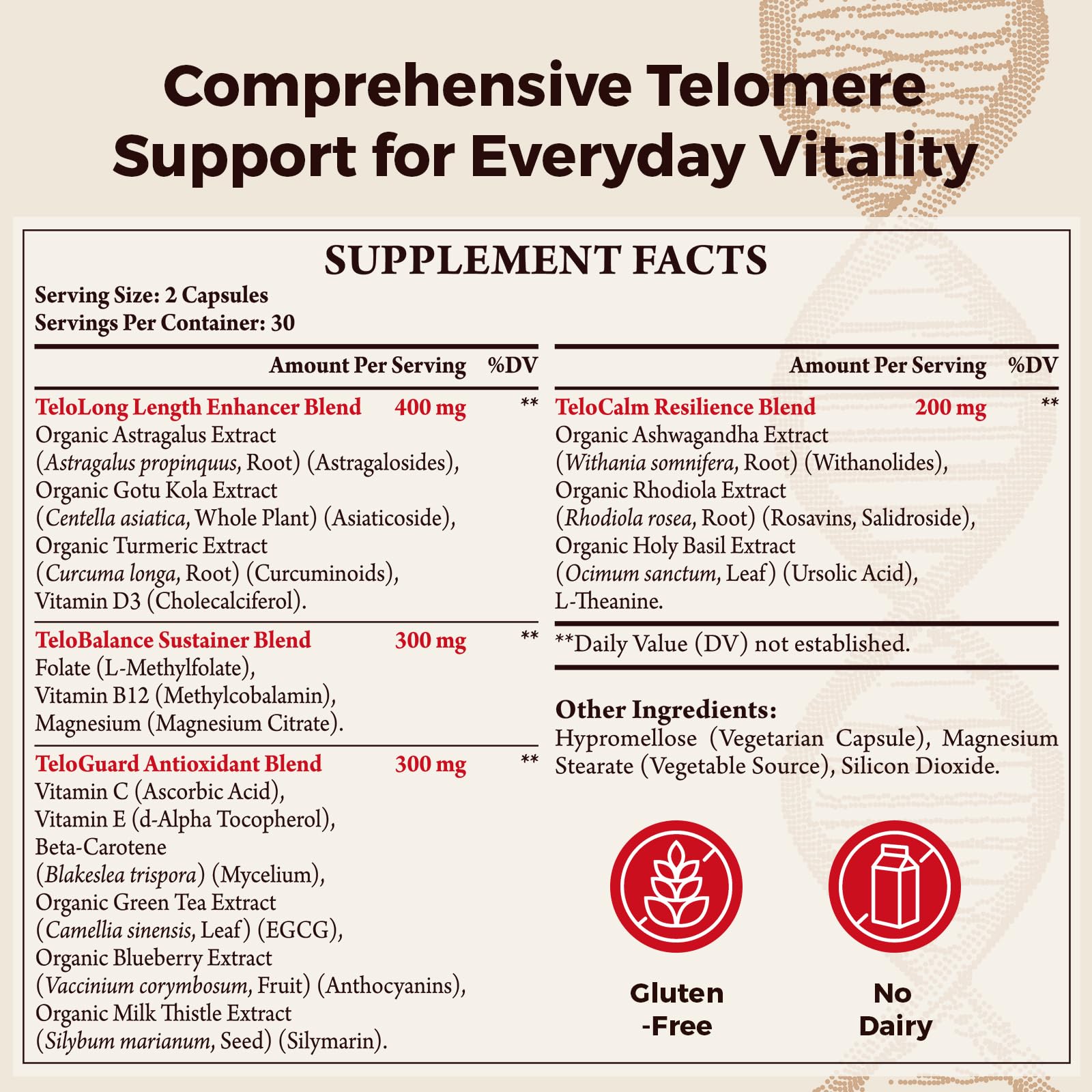 Telomere Lengthening Supplements – Organic Astragalus, Gotu Kola, Vitamin D3, Folate, L-Theanine – Anti-Aging, DNA Repair, Immune & Cellular – 60 Vegan Capsules, Made in Japan (1 Bottle) - TrustMedUSA