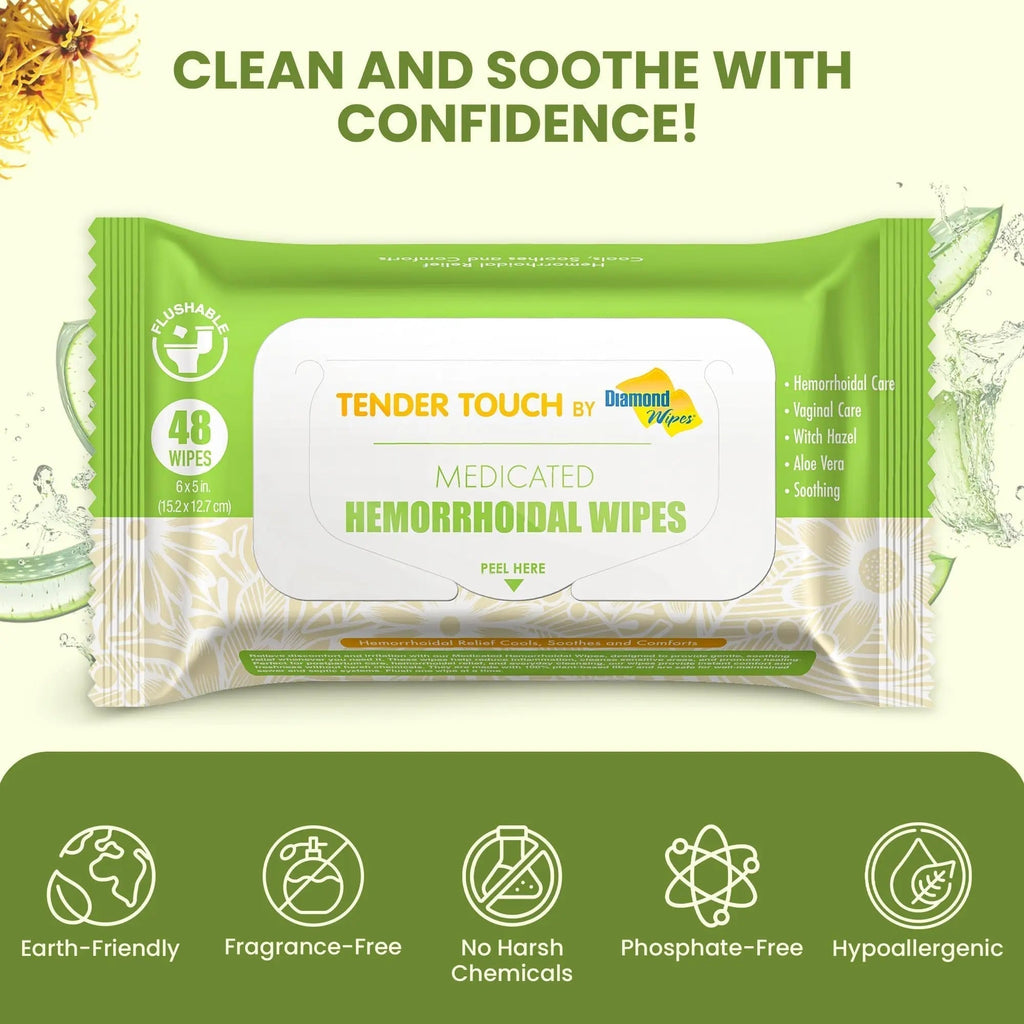 Tender Touch Hemorrhoid Wipes with Witch Hazel and Aloe, Flushable Medicated Wipes for Hemorrhoid and Vaginal Relief - Postpartum-Safe, Fragrance-free, Travel Size, 1 Pack, 48-ct. - TrustMedUSA