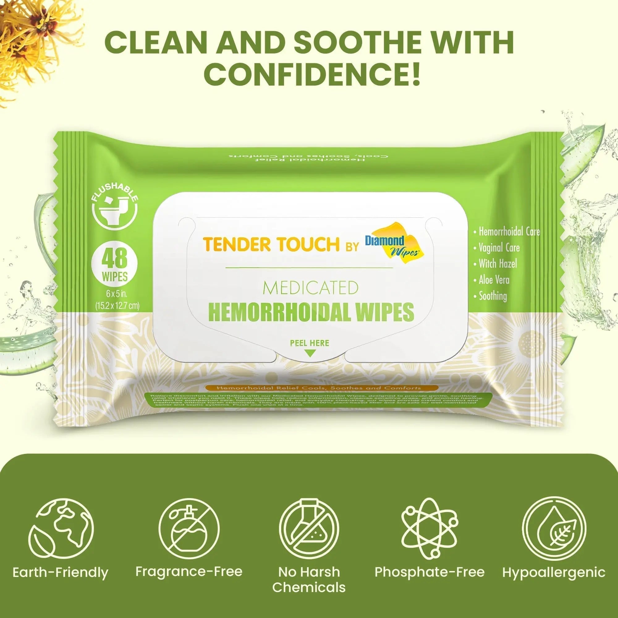 Tender Touch Hemorrhoid Wipes with Witch Hazel and Aloe, Flushable Medicated Wipes for Hemorrhoid and Vaginal Relief - Postpartum-Safe, Fragrance-free, Travel Size, 1 Pack, 48-ct. - TrustMedUSA