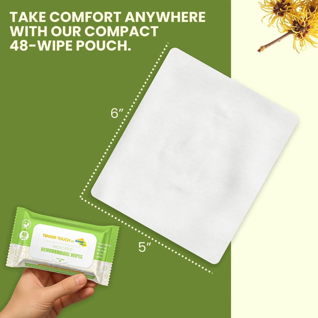 Tender Touch Hemorrhoid Wipes with Witch Hazel and Aloe, Flushable Medicated Wipes for Hemorrhoid and Vaginal Relief - Postpartum-Safe, Fragrance-free, Travel Size, 1 Pack, 48-ct. - TrustMedUSA