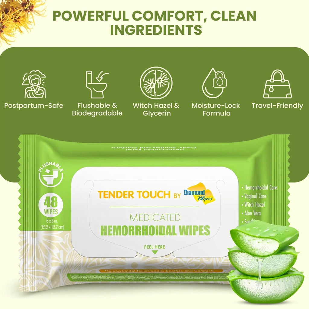 Tender Touch Hemorrhoid Wipes with Witch Hazel and Aloe, Flushable Medicated Wipes for Hemorrhoid and Vaginal Relief - Postpartum-Safe, Fragrance-free, Travel Size, 1 Pack, 48-ct. - TrustMedUSA