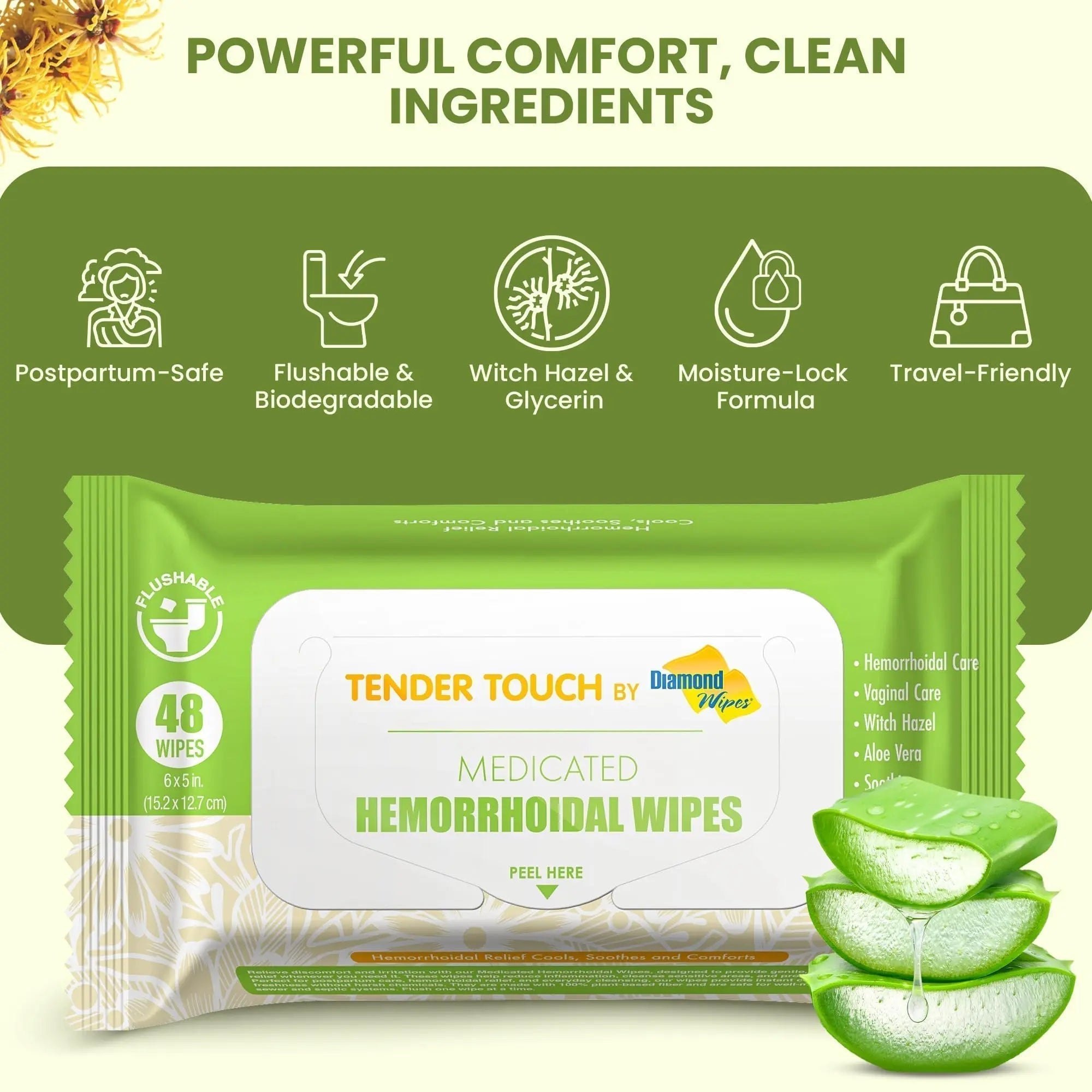 Tender Touch Hemorrhoid Wipes with Witch Hazel and Aloe, Flushable Medicated Wipes for Hemorrhoid and Vaginal Relief - Postpartum-Safe, Fragrance-free, Travel Size, 1 Pack, 48-ct. - TrustMedUSA