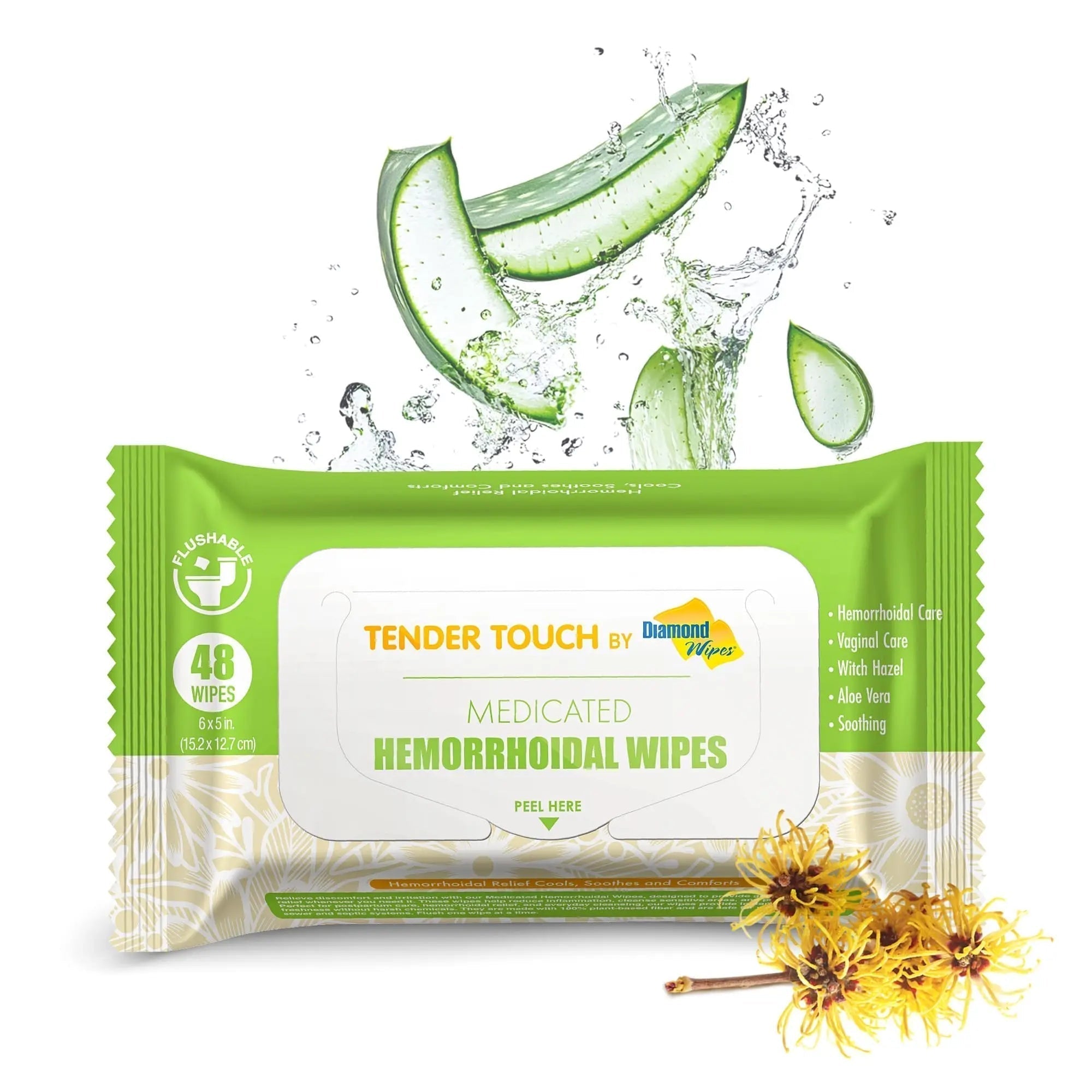 Tender Touch Hemorrhoid Wipes with Witch Hazel and Aloe, Flushable Medicated Wipes for Hemorrhoid and Vaginal Relief - Postpartum-Safe, Fragrance-free, Travel Size, 1 Pack, 48-ct. - TrustMedUSA