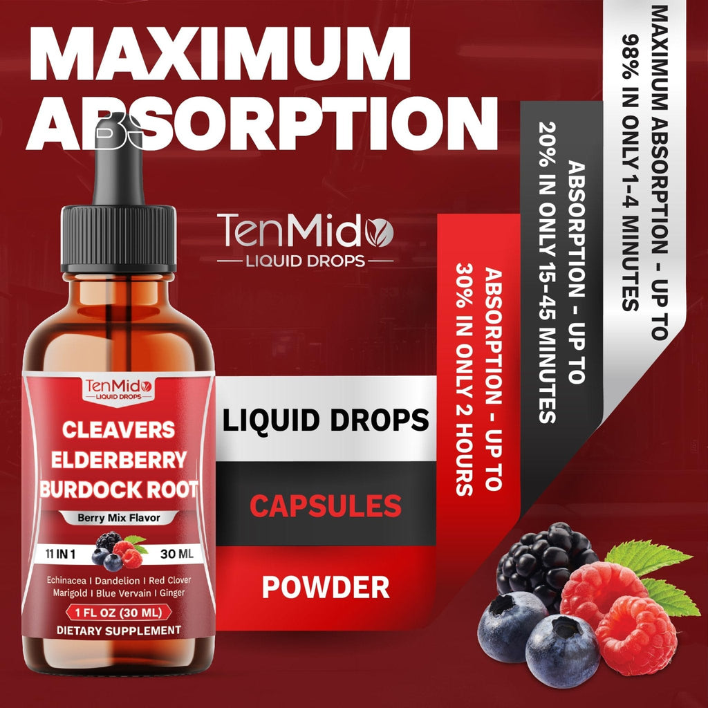Tenmido 11in1 Lymphatic Drainage Drops with Cleavers, Elderberry, Burdock Root, Echinacea, Dandelion, Red Clover, Marigold, Blue Vervain, Ginger, Licorice, Rosehip - 30 Days Supply - 1FL Oz - Maple Wellness Supplements