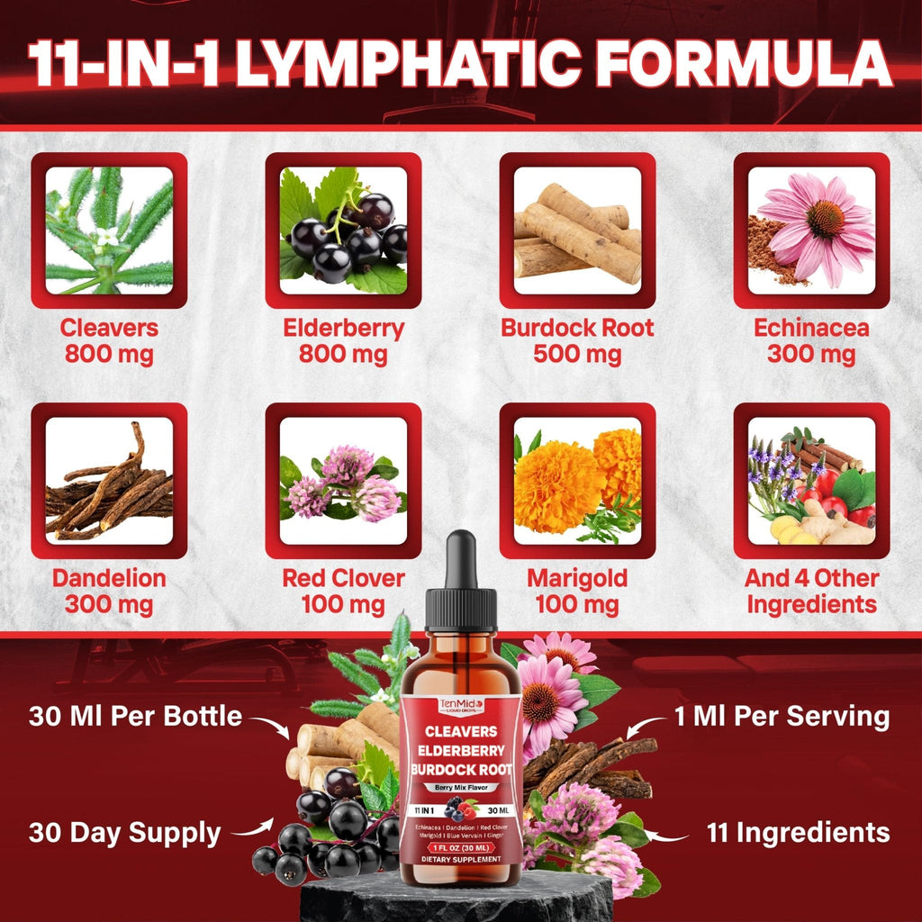Tenmido 11in1 Lymphatic Drainage Drops with Cleavers, Elderberry, Burdock Root, Echinacea, Dandelion, Red Clover, Marigold, Blue Vervain, Ginger, Licorice, Rosehip - 30 Days Supply - 1FL Oz - Maple Wellness Supplements