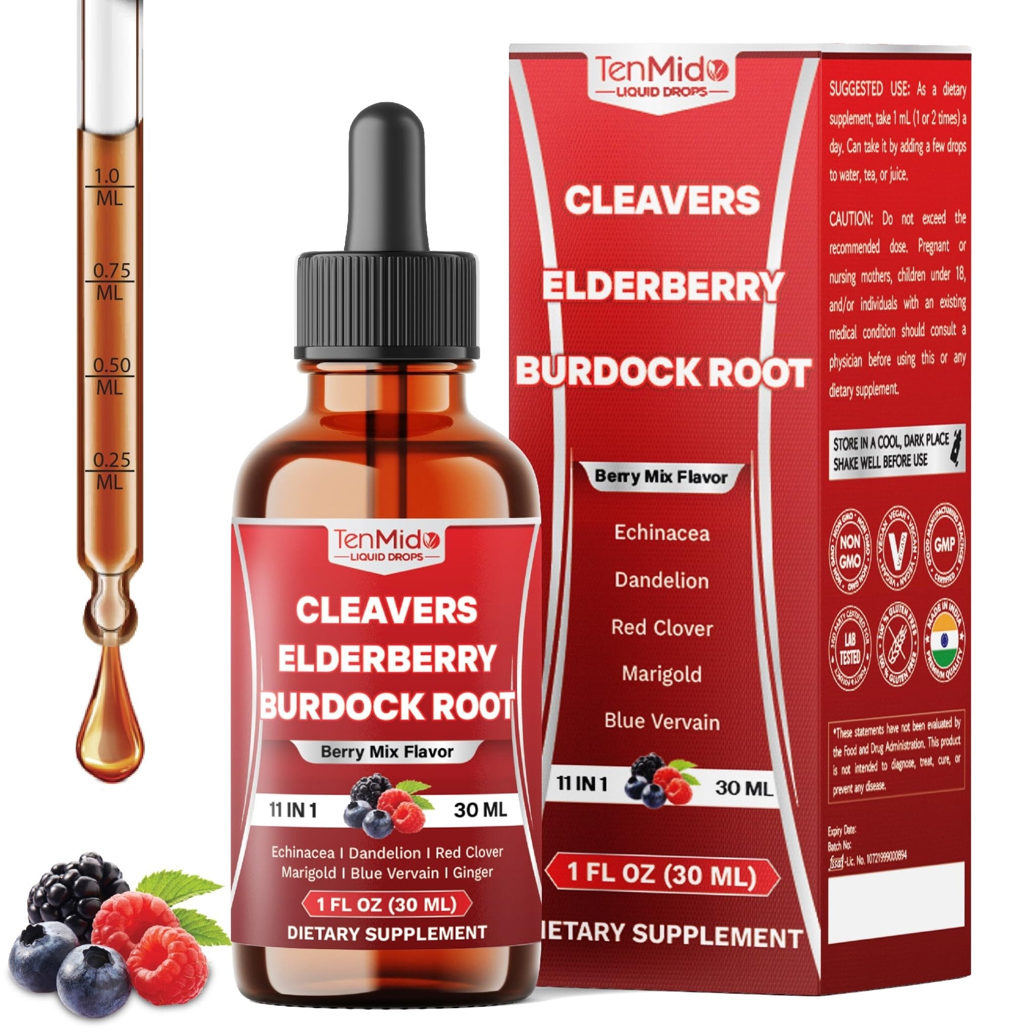 Tenmido 11in1 Lymphatic Drainage Drops with Cleavers, Elderberry, Burdock Root, Echinacea, Dandelion, Red Clover, Marigold, Blue Vervain, Ginger, Licorice, Rosehip - 30 Days Supply - 1FL Oz - Maple Wellness Supplements