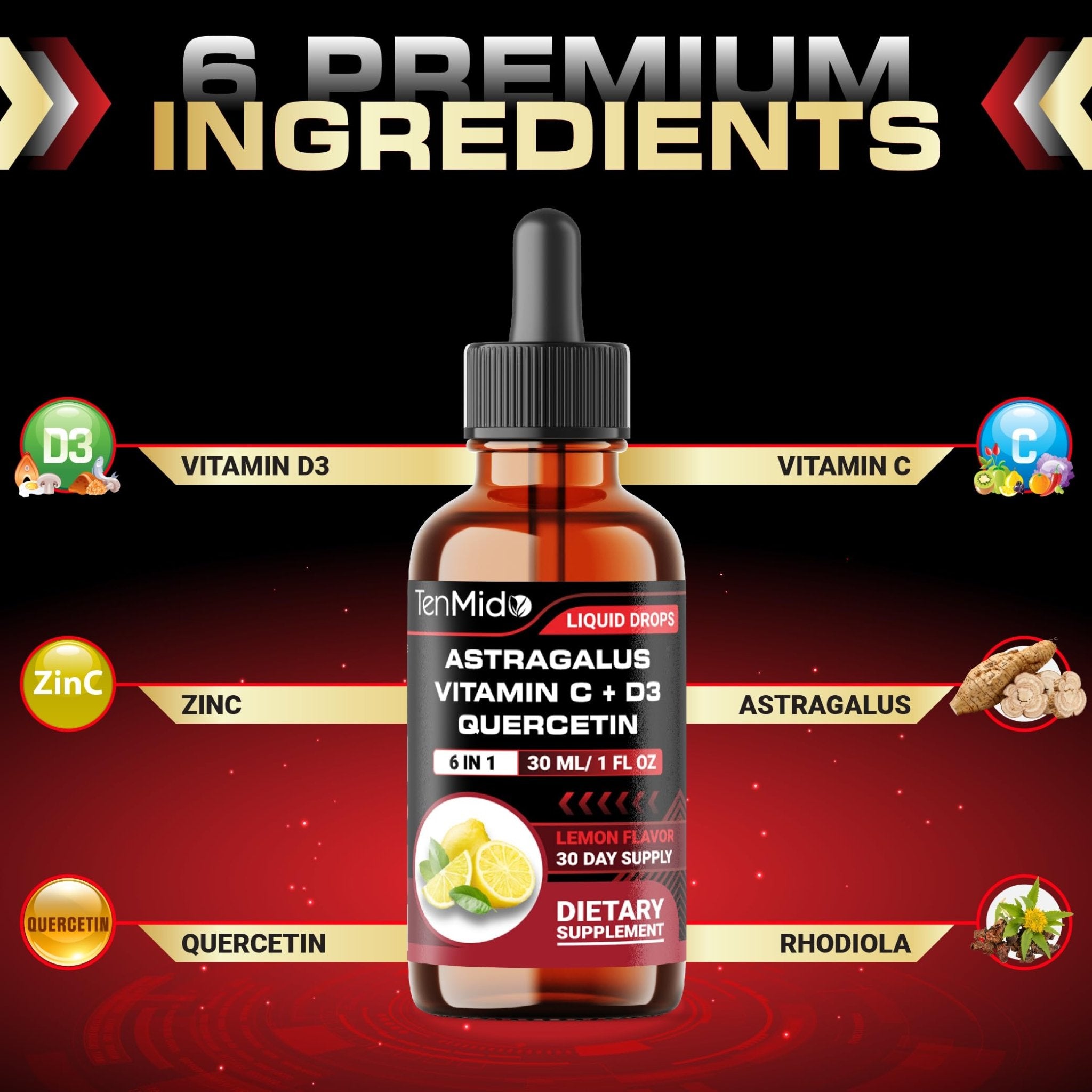 Tenmido 6-in-1 Astragalus Root Tincture - Herbal Extract Supplements with Quercetin, Rhodiola Rosea, Vitamin D3, Vitamin C, and Zinc - Vegan, Non-GMO - 30ml 1 Fl Oz - TrustMedUSA