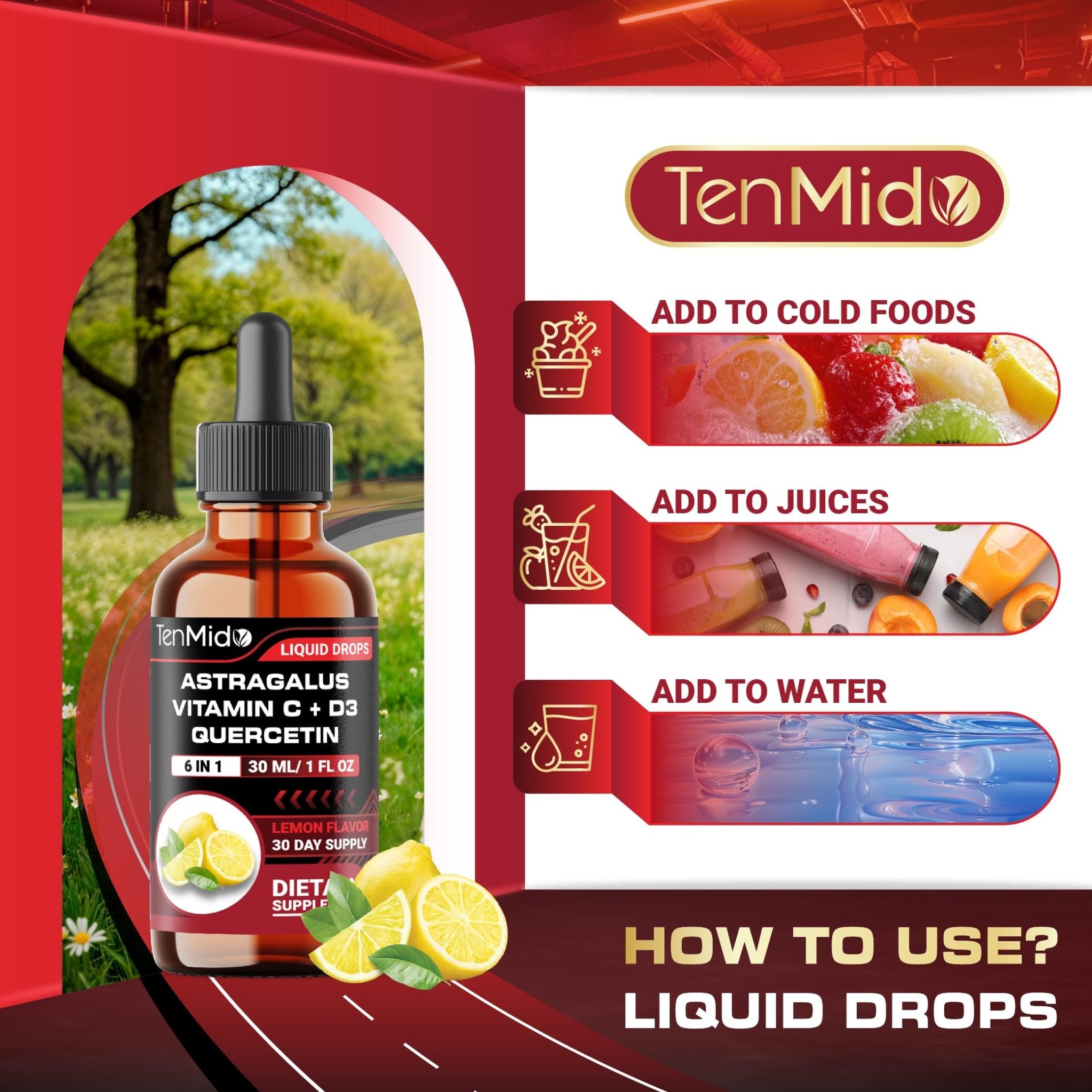 Tenmido 6-in-1 Astragalus Root Tincture - Herbal Extract Supplements with Quercetin, Rhodiola Rosea, Vitamin D3, Vitamin C, and Zinc - Vegan, Non-GMO - 30ml 1 Fl Oz - TrustMedUSA
