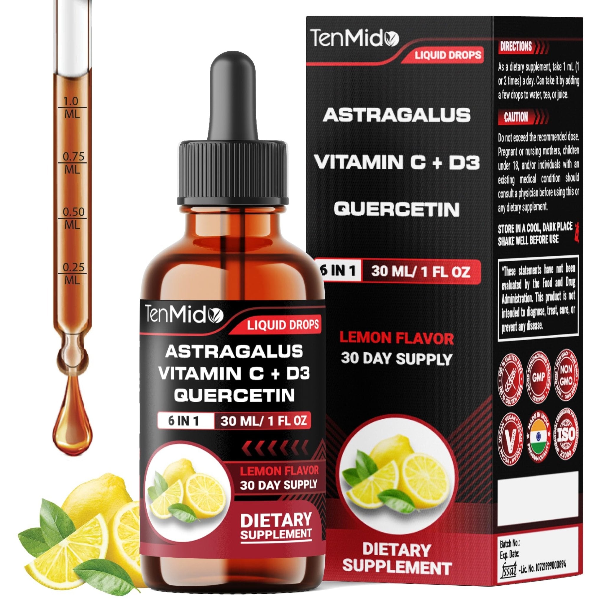 Tenmido 6-in-1 Astragalus Root Tincture - Herbal Extract Supplements with Quercetin, Rhodiola Rosea, Vitamin D3, Vitamin C, and Zinc - Vegan, Non-GMO - 30ml 1 Fl Oz - TrustMedUSA