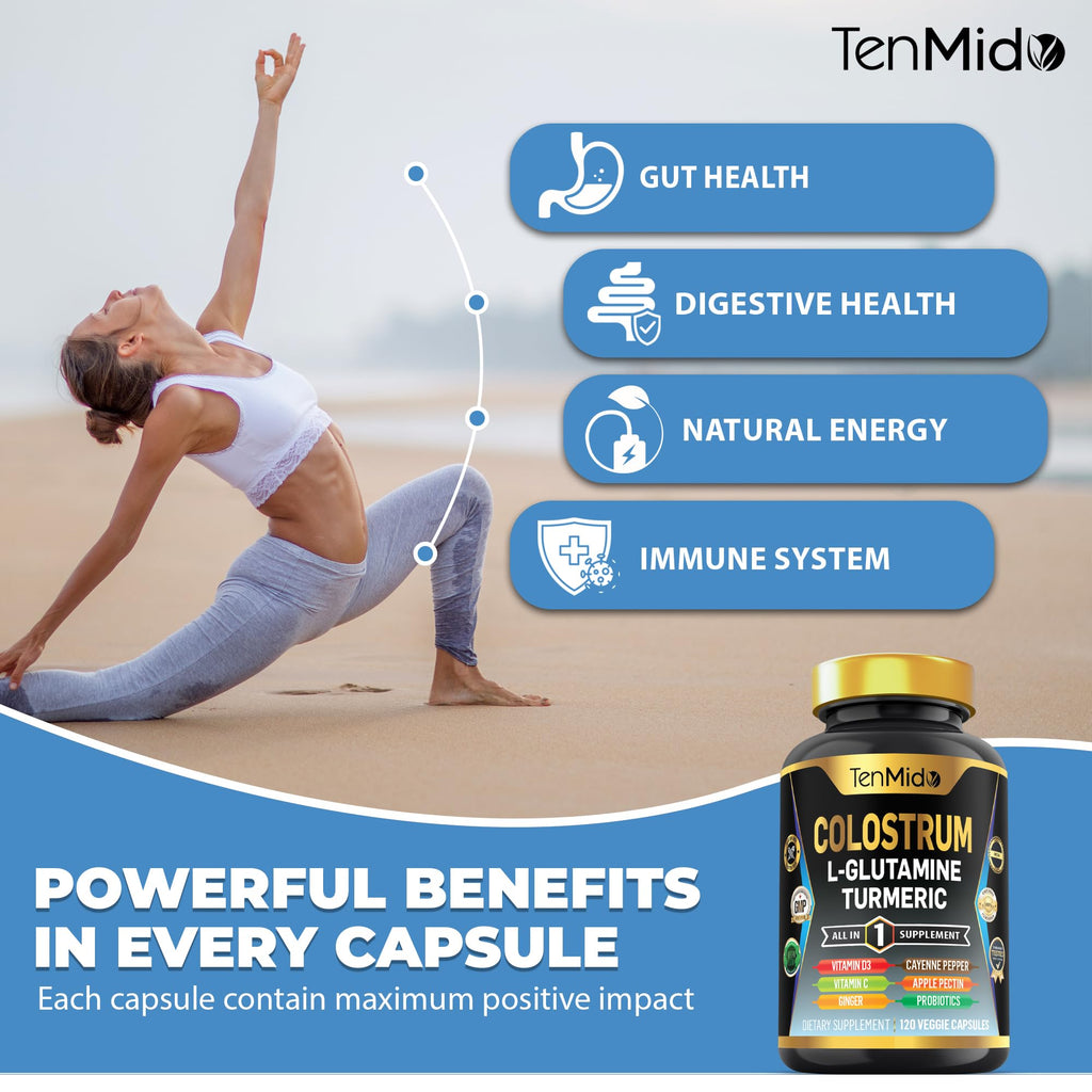 Tenmido Colostrum Supplement - 10in1 Formula - Combine with L- Glutamine, Turmeric, Cayenne Pepper, Apple Pectin, Probiotics, Ginger, and More - Digestive Health, Immune Support - 120 Capsules - TrustMedUSA