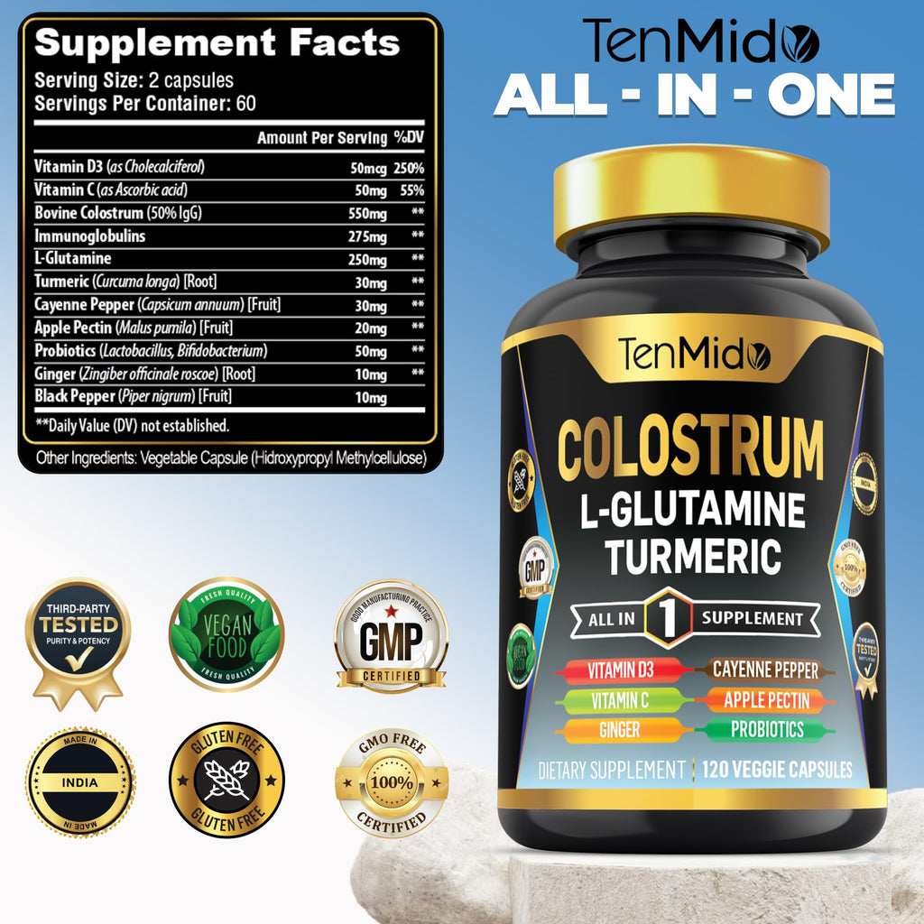 Tenmido Colostrum Supplement - 10in1 Formula - Combine with L- Glutamine, Turmeric, Cayenne Pepper, Apple Pectin, Probiotics, Ginger, and More - Digestive Health, Immune Support - 120 Capsules - TrustMedUSA