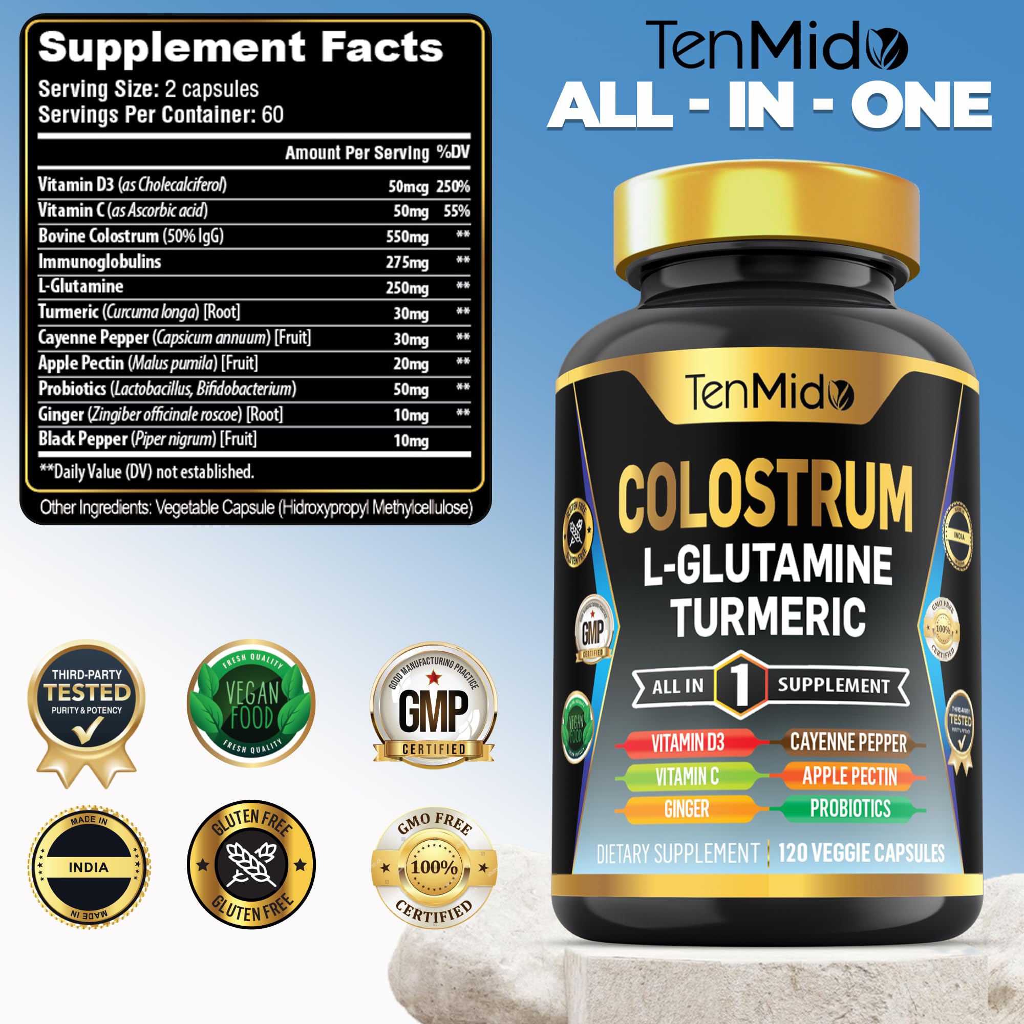 Tenmido Colostrum Supplement - 10in1 Formula - Combine with L- Glutamine, Turmeric, Cayenne Pepper, Apple Pectin, Probiotics, Ginger, and More - Digestive Health, Immune Support - 120 Capsules - TrustMedUSA