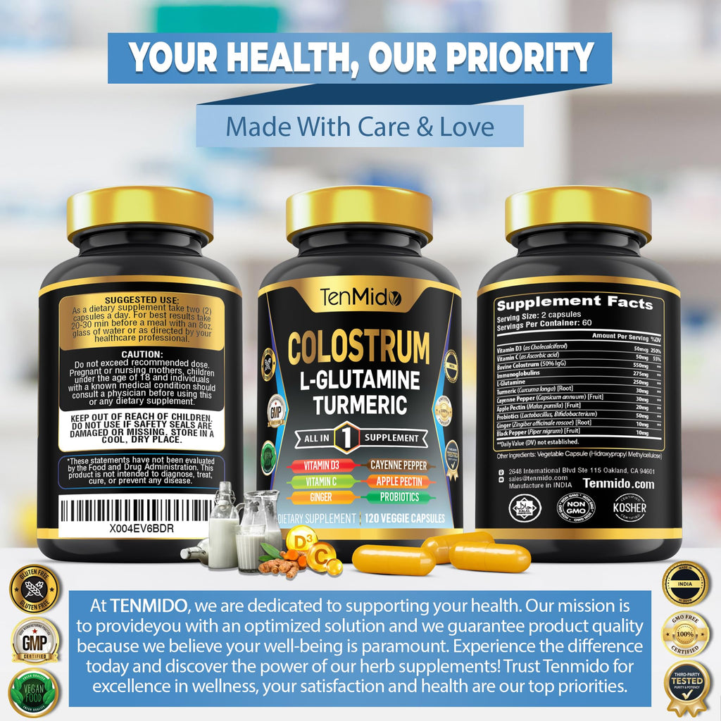 Tenmido Colostrum Supplement - 10in1 Formula - Combine with L- Glutamine, Turmeric, Cayenne Pepper, Apple Pectin, Probiotics, Ginger, and More - Digestive Health, Immune Support - 120 Capsules - TrustMedUSA