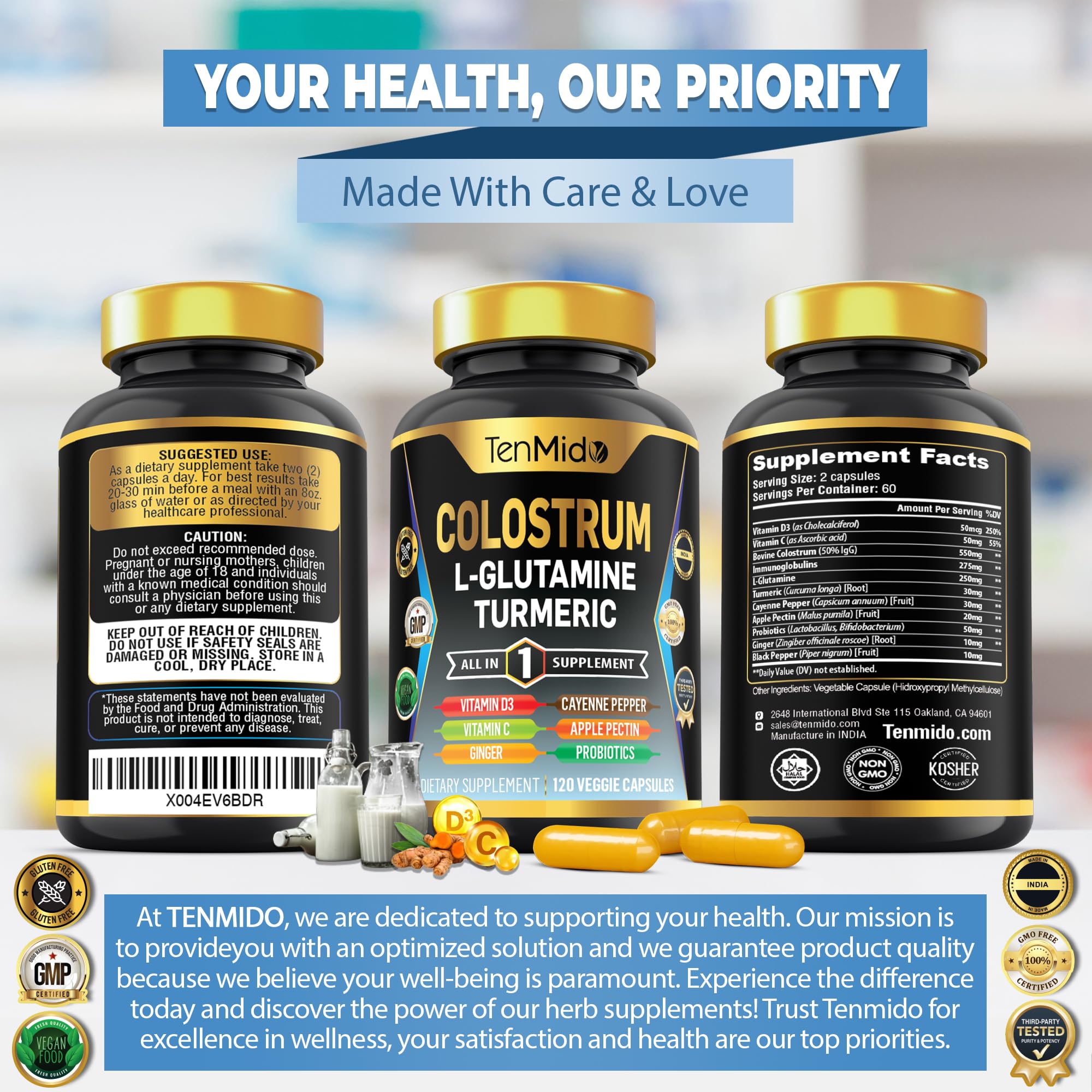 Tenmido Colostrum Supplement - 10in1 Formula - Combine with L- Glutamine, Turmeric, Cayenne Pepper, Apple Pectin, Probiotics, Ginger, and More - Digestive Health, Immune Support - 120 Capsules - TrustMedUSA