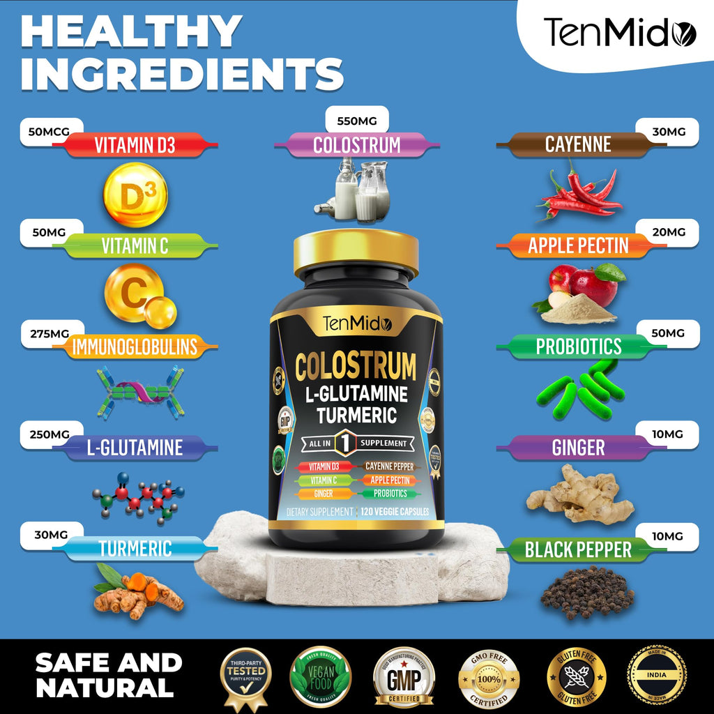 Tenmido Colostrum Supplement - 10in1 Formula - Combine with L- Glutamine, Turmeric, Cayenne Pepper, Apple Pectin, Probiotics, Ginger, and More - Digestive Health, Immune Support - 120 Capsules - TrustMedUSA