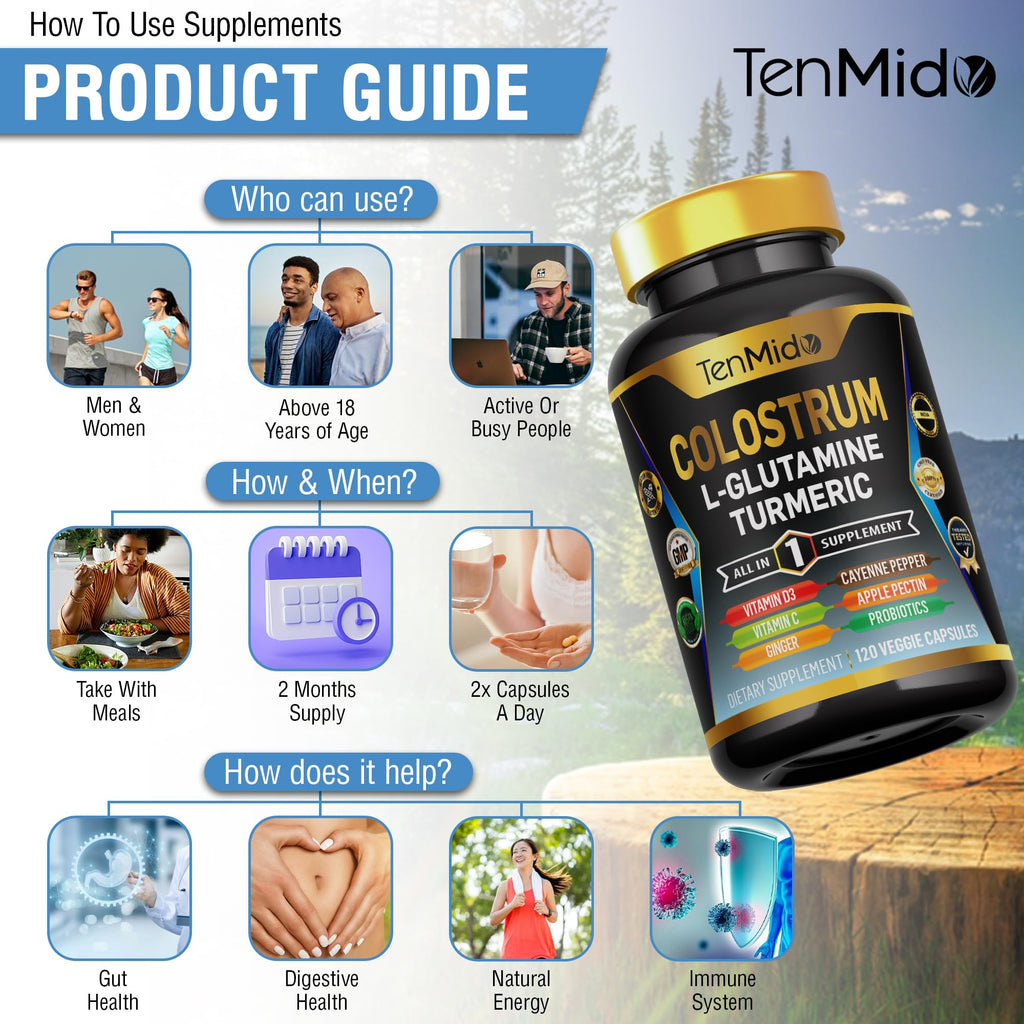 Tenmido Colostrum Supplement - 10in1 Formula - Combine with L- Glutamine, Turmeric, Cayenne Pepper, Apple Pectin, Probiotics, Ginger, and More - Digestive Health, Immune Support - 120 Capsules - TrustMedUSA