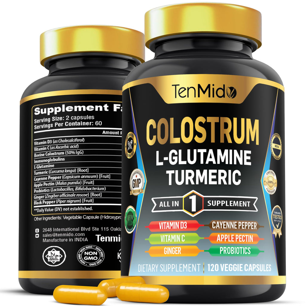 Tenmido Colostrum Supplement - 10in1 Formula - Combine with L- Glutamine, Turmeric, Cayenne Pepper, Apple Pectin, Probiotics, Ginger, and More - Digestive Health, Immune Support - 120 Capsules - TrustMedUSA