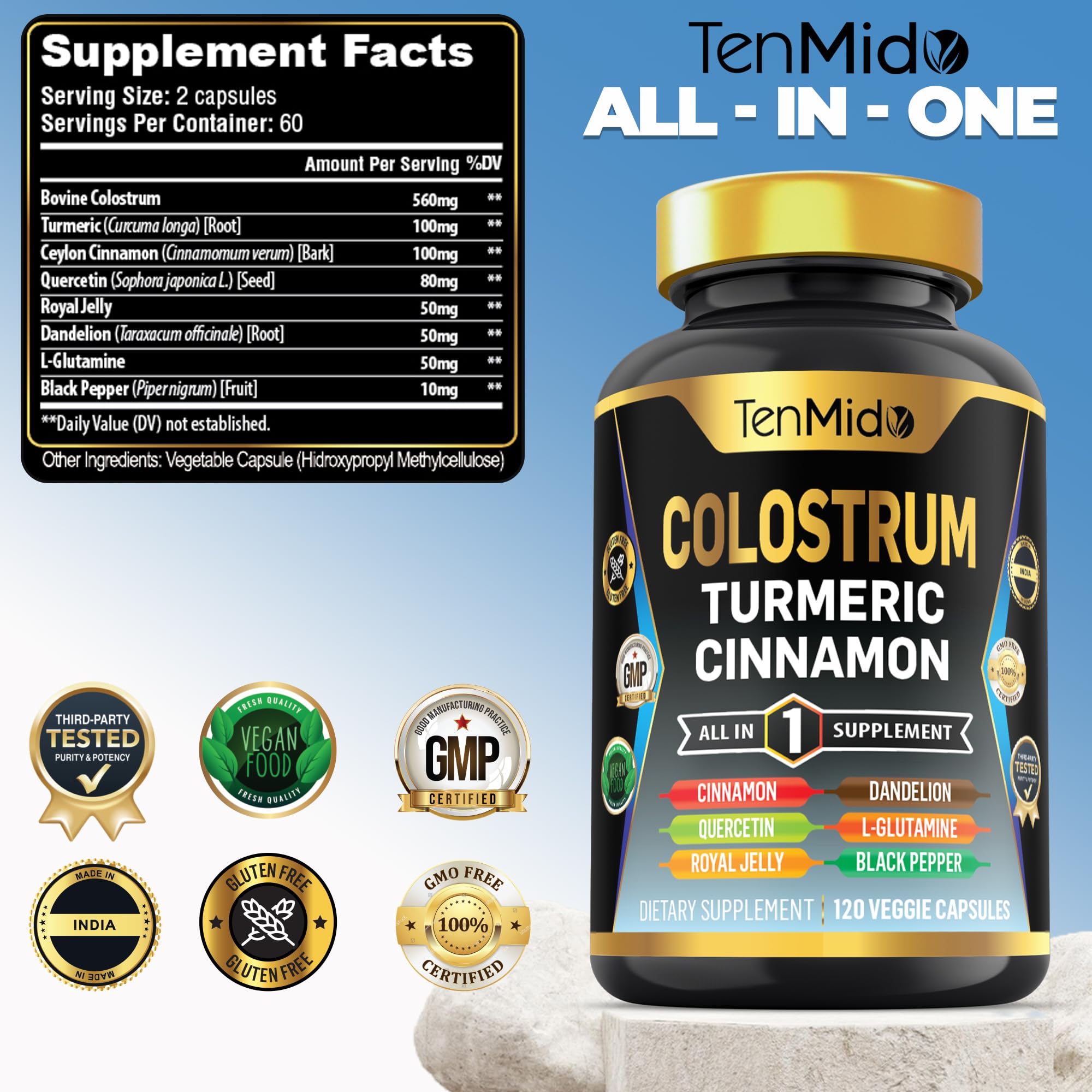 Tenmido Colostrum Supplement - 8in1 Formula - Combine with Turmeric, Ceylon Cinnamon, Quercetin, Royal Jelly, Dandelion, L- Glutamine, and Black Pepper - Digestive Health Support - 120 Capsules - TrustMedUSA