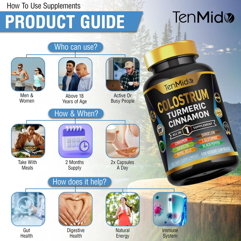 Tenmido Colostrum Supplement - 8in1 Formula - Combine with Turmeric, Ceylon Cinnamon, Quercetin, Royal Jelly, Dandelion, L- Glutamine, and Black Pepper - Digestive Health Support - 120 Capsules - TrustMedUSA