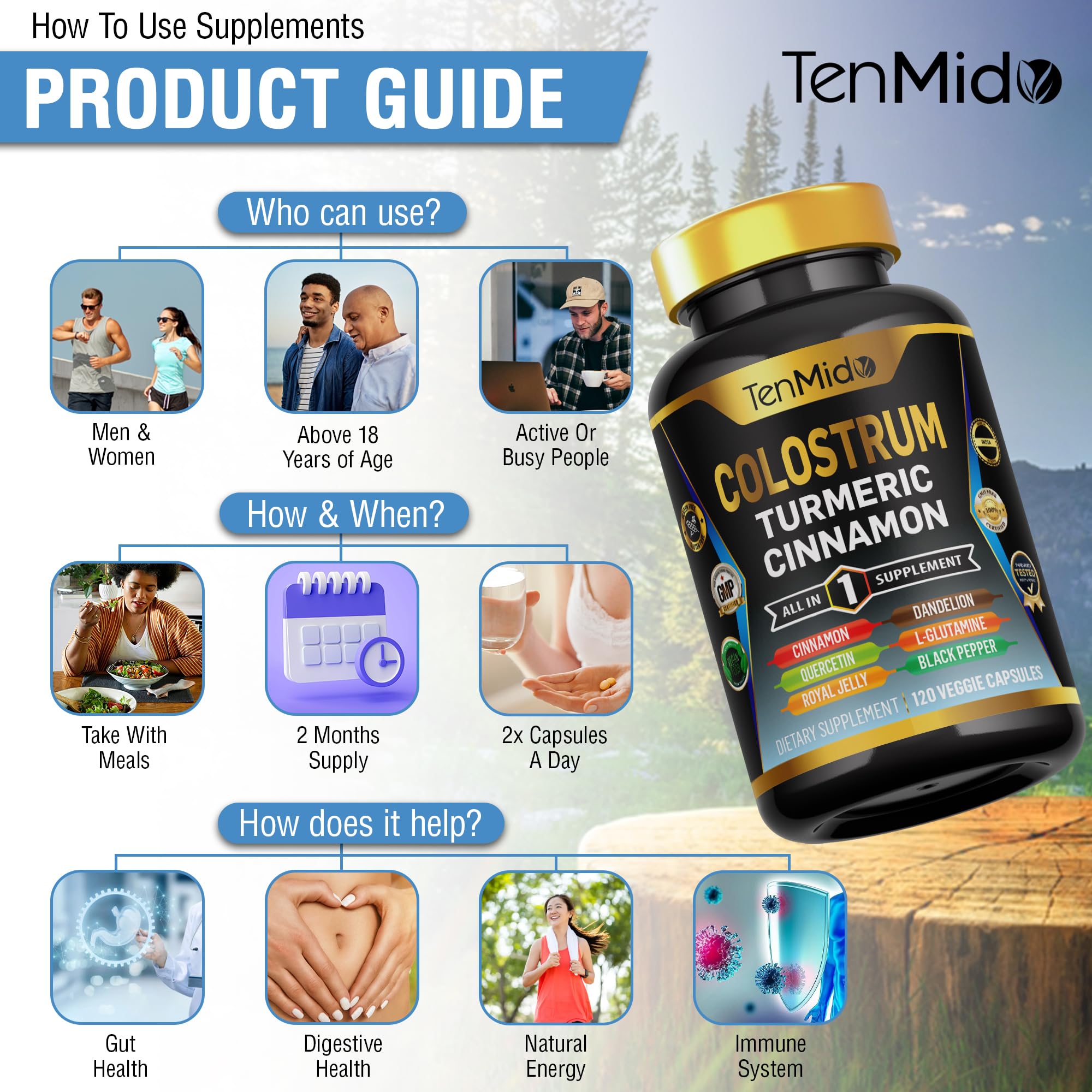 Tenmido Colostrum Supplement - 8in1 Formula - Combine with Turmeric, Ceylon Cinnamon, Quercetin, Royal Jelly, Dandelion, L- Glutamine, and Black Pepper - Digestive Health Support - 120 Capsules - TrustMedUSA