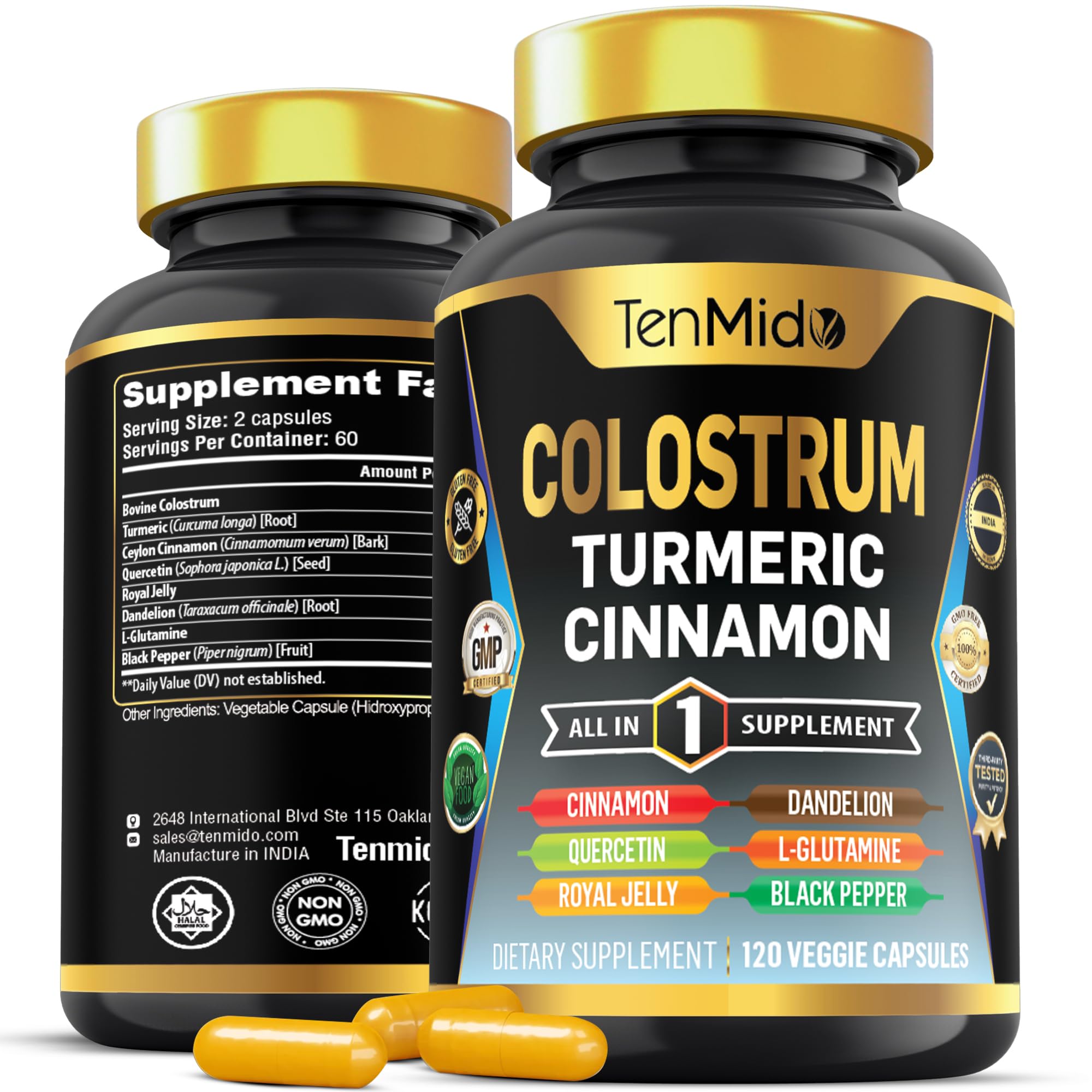 Tenmido Colostrum Supplement - 8in1 Formula - Combine with Turmeric, Ceylon Cinnamon, Quercetin, Royal Jelly, Dandelion, L- Glutamine, and Black Pepper - Digestive Health Support - 120 Capsules - TrustMedUSA
