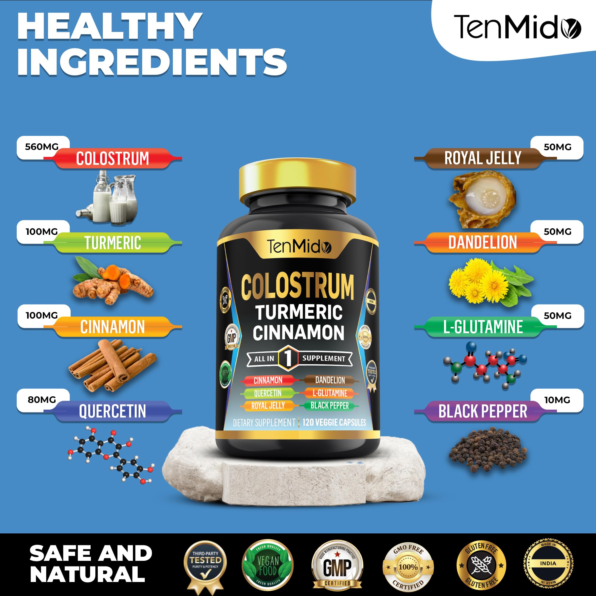 Tenmido Colostrum Supplement - 8in1 Formula - Combine with Turmeric, Ceylon Cinnamon, Quercetin, Royal Jelly, Dandelion, L- Glutamine, and Black Pepper - Digestive Health Support - 120 Capsules - TrustMedUSA