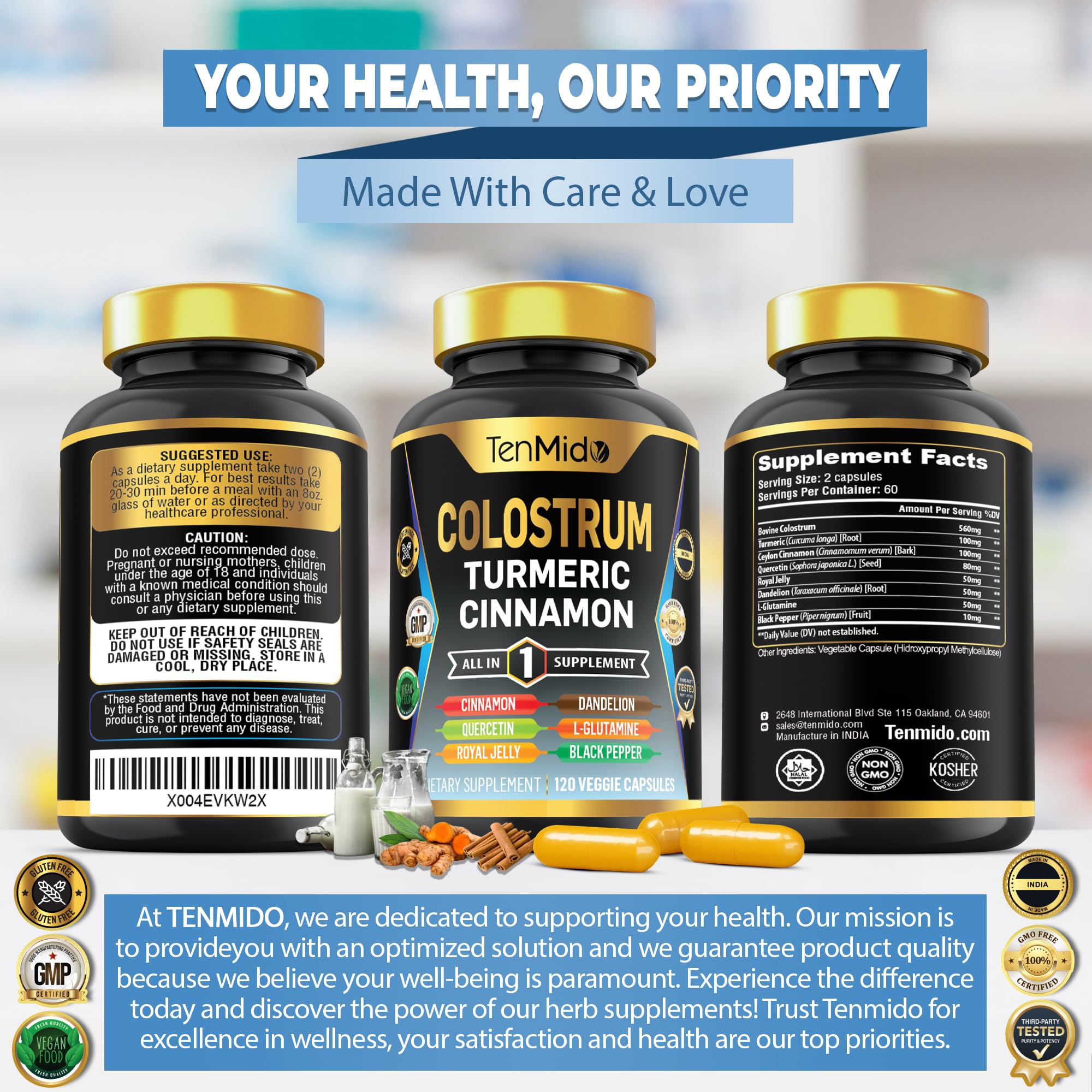 Tenmido Colostrum Supplement - 8in1 Formula - Combine with Turmeric, Ceylon Cinnamon, Quercetin, Royal Jelly, Dandelion, L- Glutamine, and Black Pepper - Digestive Health Support - 120 Capsules - TrustMedUSA