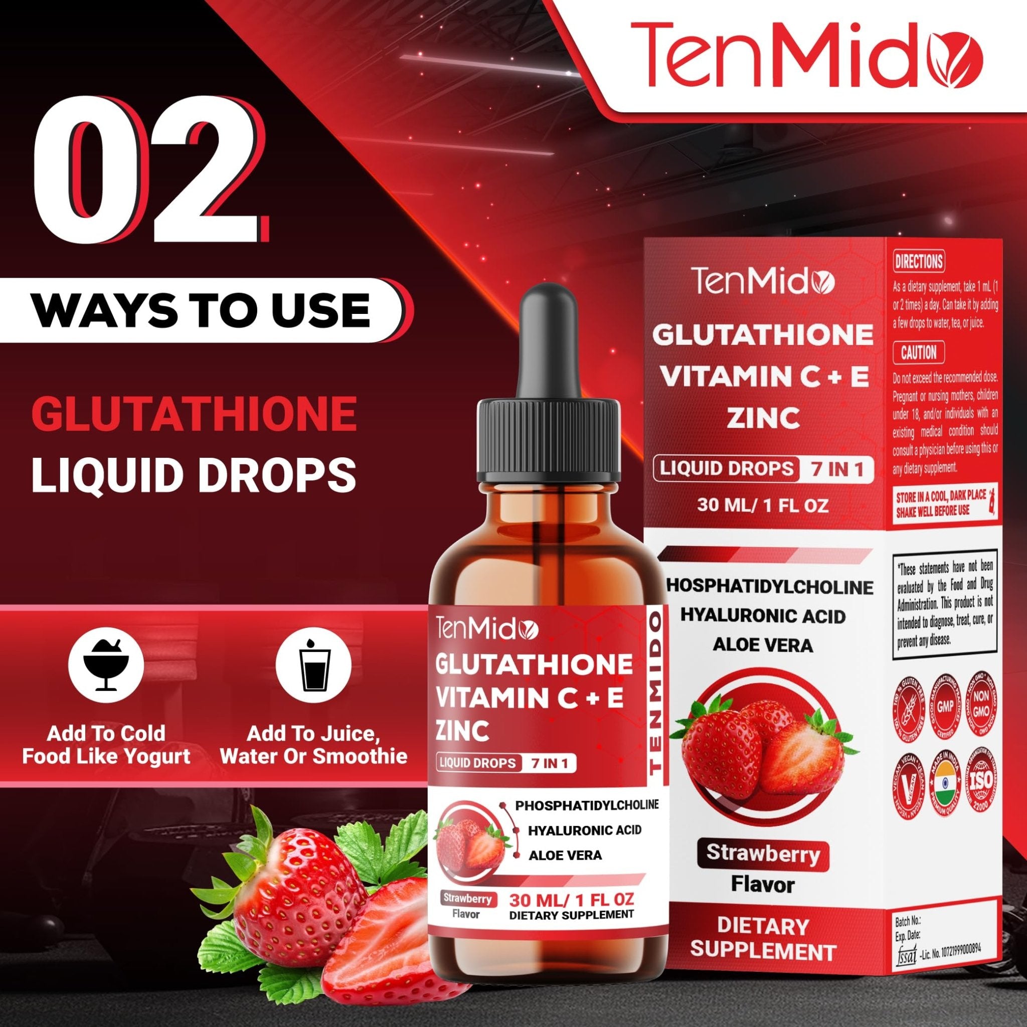 Tenmido Liposomal Glutathione Supplement - 7in1 Liquid Drops with Zinc, Vitamin C, Vitamin E, Phosphatidylcholine, Hyaluronic Acid, and Aloe Vera - Vegan, Non-GMO - 30ml 1 Fl Oz - TrustMedUSA