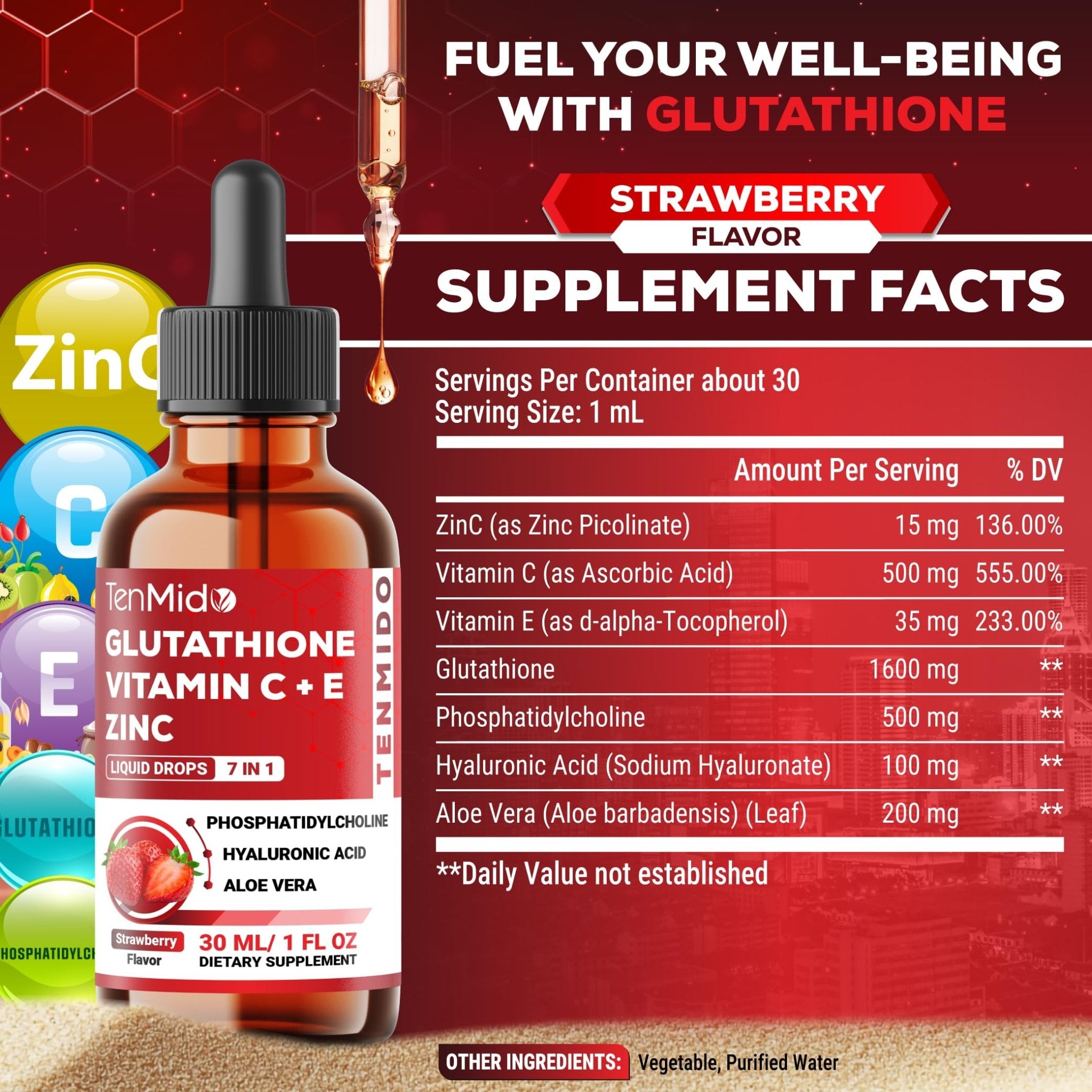 Tenmido Liposomal Glutathione Supplement - 7in1 Liquid Drops with Zinc, Vitamin C, Vitamin E, Phosphatidylcholine, Hyaluronic Acid, and Aloe Vera - Vegan, Non-GMO - 30ml 1 Fl Oz - TrustMedUSA