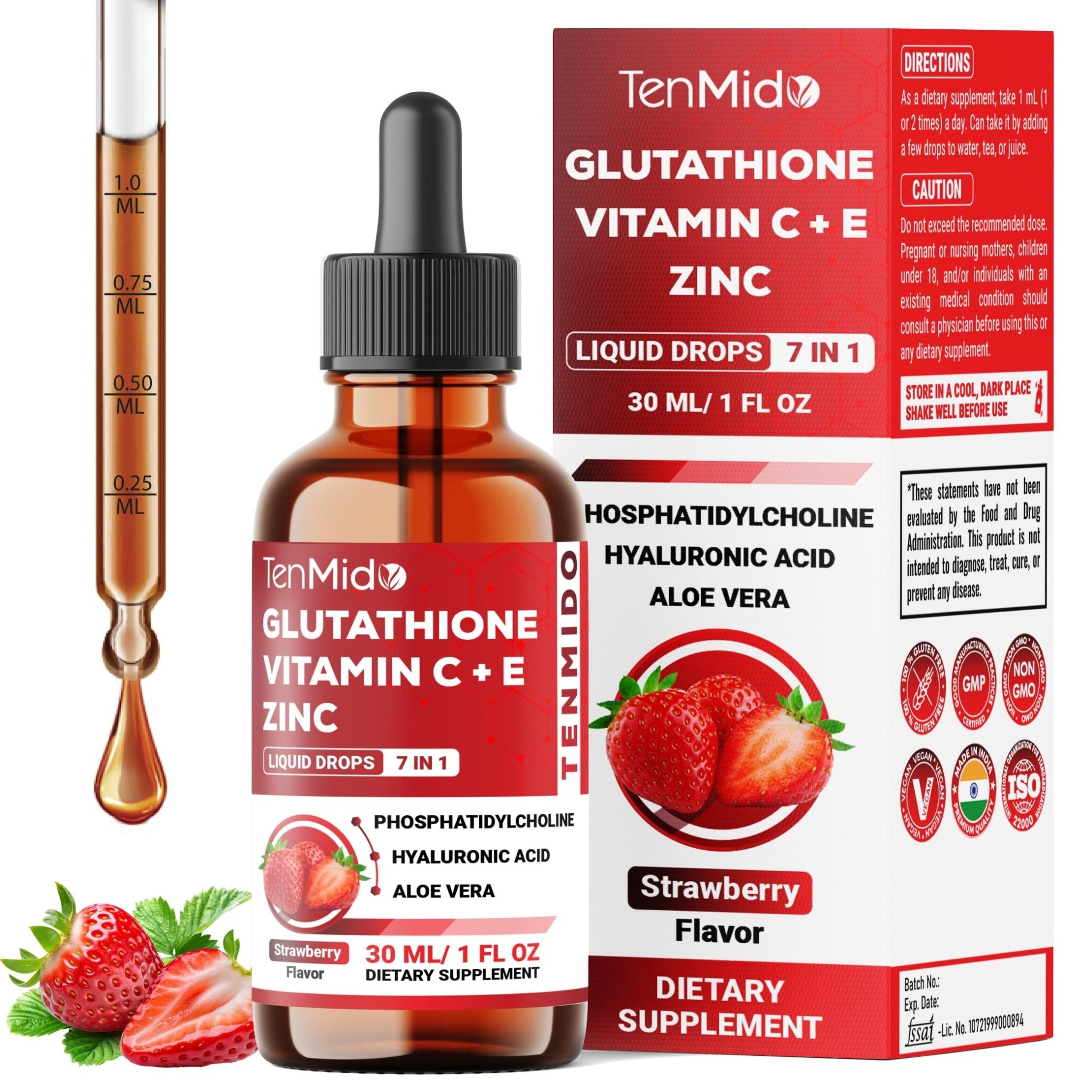 Tenmido Liposomal Glutathione Supplement - 7in1 Liquid Drops with Zinc, Vitamin C, Vitamin E, Phosphatidylcholine, Hyaluronic Acid, and Aloe Vera - Vegan, Non-GMO - 30ml 1 Fl Oz - TrustMedUSA
