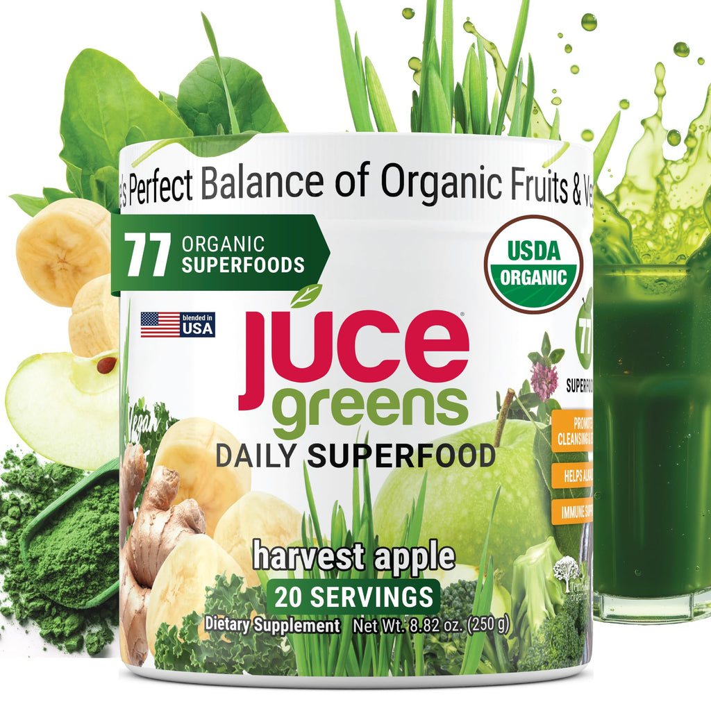 Terra Kai Organics JUCE Green Superfood Powder, Organic Fruits and Veggies Supplement W/ 77 Superfoods Plus Prebiotic Probiotic Blend, Harvest Apple Flavor - 20 Servings (250 g) - TrustMedUSA