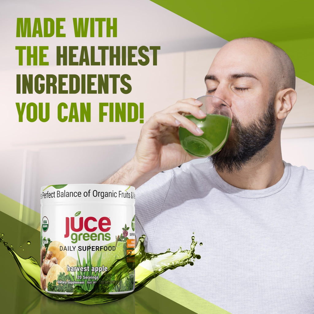 Terra Kai Organics JUCE Green Superfood Powder, Organic Fruits and Veggies Supplement W/ 77 Superfoods Plus Prebiotic Probiotic Blend, Harvest Apple Flavor - 20 Servings (250 g) - TrustMedUSA