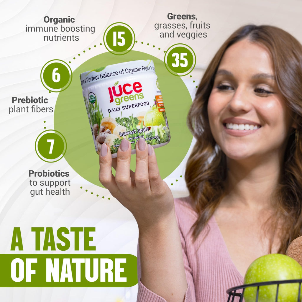 Terra Kai Organics JUCE Green Superfood Powder, Organic Fruits and Veggies Supplement W/ 77 Superfoods Plus Prebiotic Probiotic Blend, Harvest Apple Flavor - 20 Servings (250 g) - TrustMedUSA