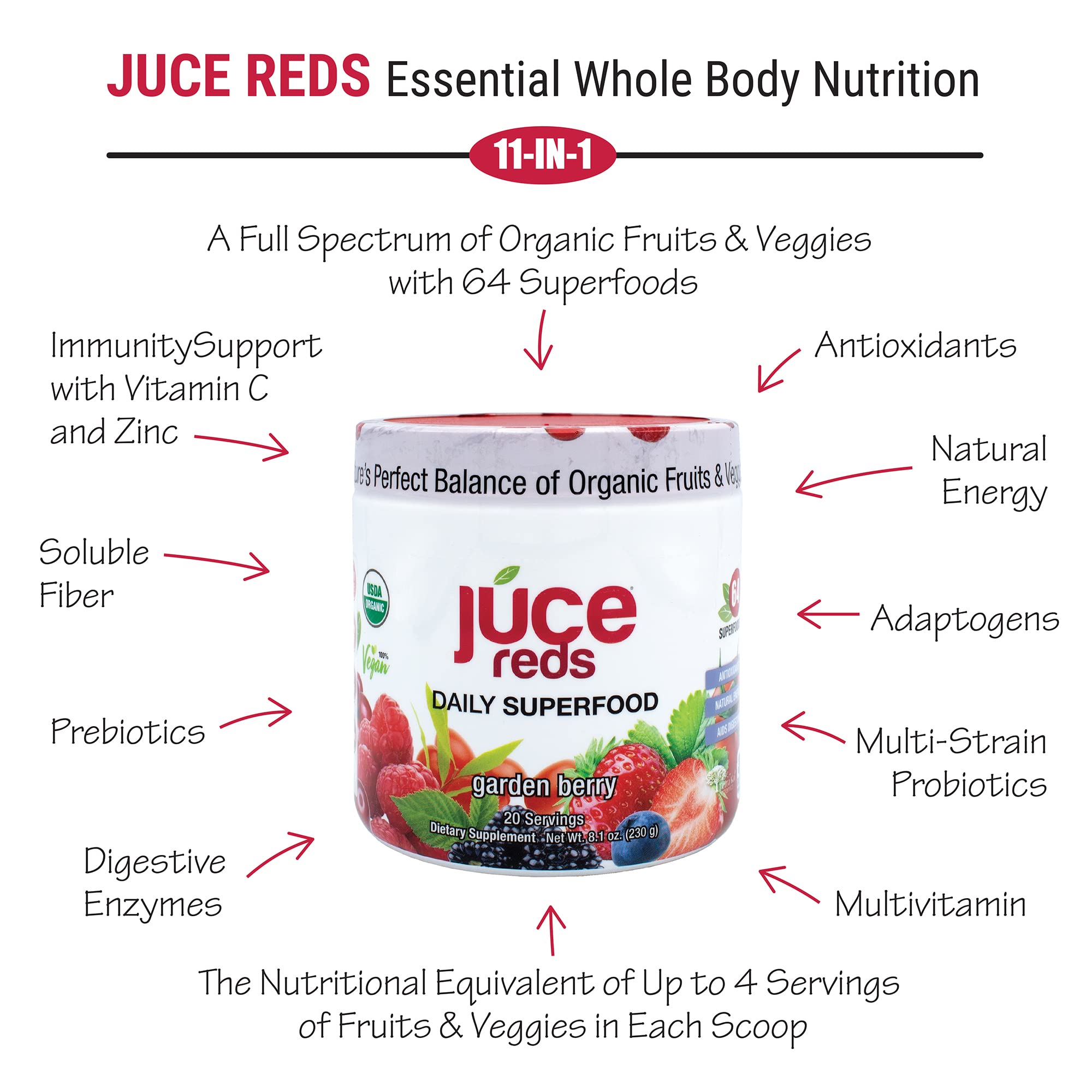 Terra Kai Organics JUCE Reds Organic Superfood Powder - Garden Berry Flavor | Fruit & Veggie Powder for Everyone w/64 Immune Boosting Superfood Plus Probiotics for Gut Health | 20 Servings (230g) - TrustMedUSA