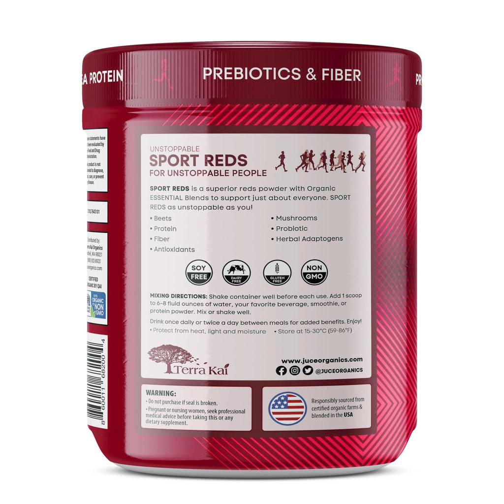 Terra Kai Organics Juce SR7 Sport Reds Organic Fruit & Veggies w/Pea Protein | 43 Superfoods, Antioxidants, Mushrooms, Beets, Herbal Adaptogens, Probiotic, Fiber, Garden Berry Flavor (30 Servings) - TrustMedUSA