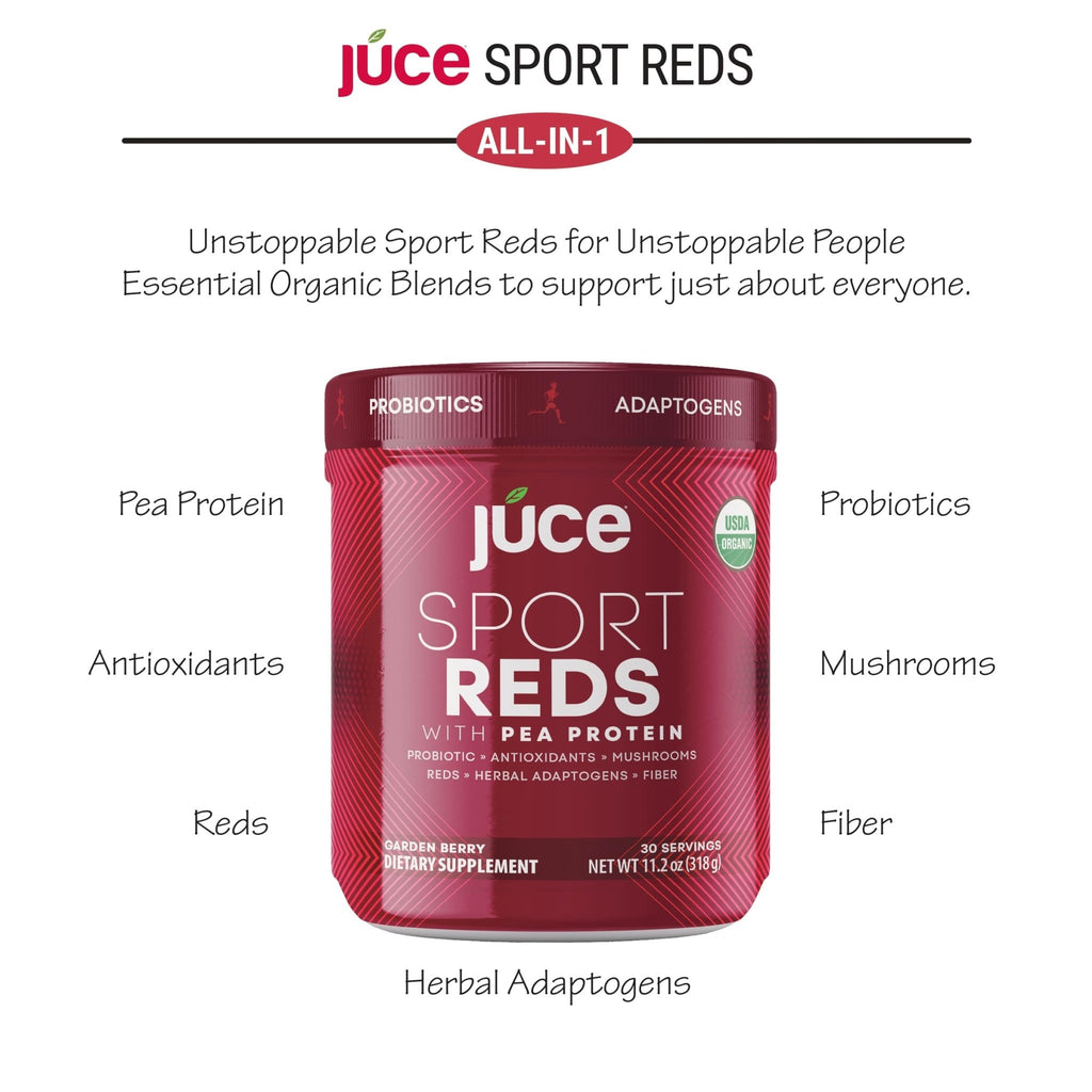 Terra Kai Organics Juce SR7 Sport Reds Organic Fruit & Veggies w/Pea Protein | 43 Superfoods, Antioxidants, Mushrooms, Beets, Herbal Adaptogens, Probiotic, Fiber, Garden Berry Flavor (30 Servings) - TrustMedUSA