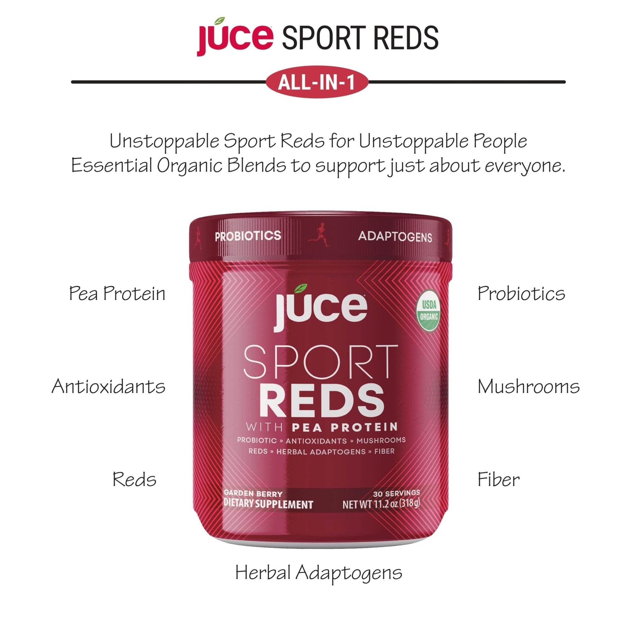 Terra Kai Organics Juce SR7 Sport Reds Organic Fruit & Veggies w/Pea Protein | 43 Superfoods, Antioxidants, Mushrooms, Beets, Herbal Adaptogens, Probiotic, Fiber, Garden Berry Flavor (30 Servings) - TrustMedUSA