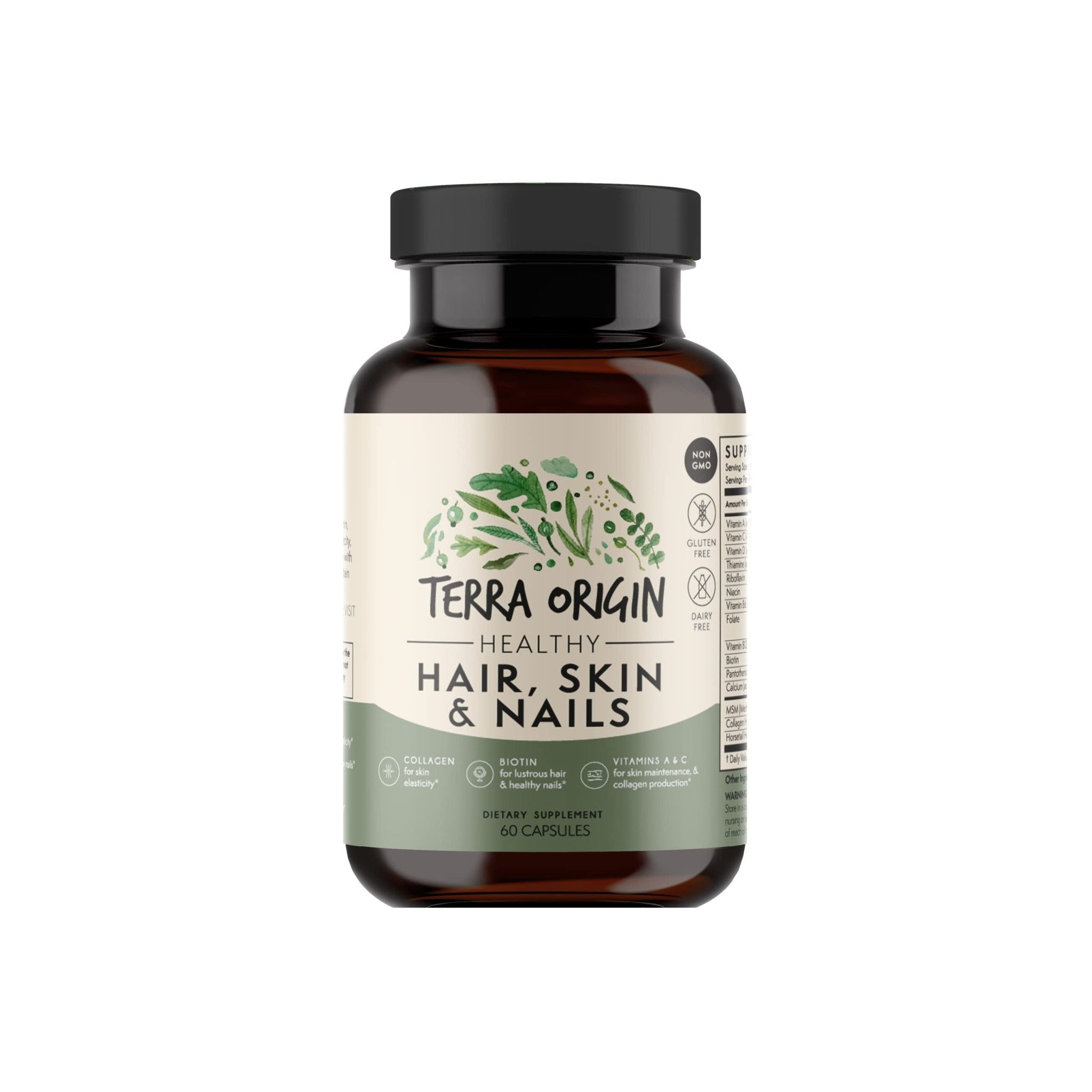 TERRA ORIGIN Healthy Hair, Skin and Nails Supplement | Collagen, Biotin, Horsetail & B-Complex | Supports Hair Strength, Skin Elasticity & Nail Growth | Vitamins for Women and Men | 60 Capsules - TrustMedUSA