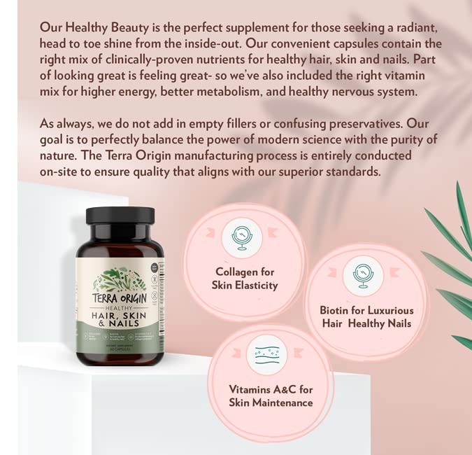 TERRA ORIGIN Healthy Hair, Skin and Nails Supplement | Collagen, Biotin, Horsetail & B-Complex | Supports Hair Strength, Skin Elasticity & Nail Growth | Vitamins for Women and Men | 60 Capsules - TrustMedUSA