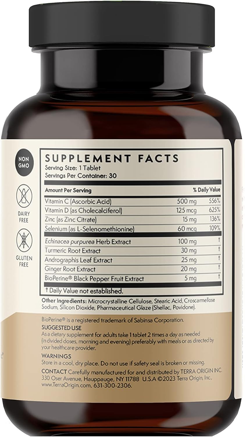 TERRA ORIGIN Immune Support Supplement | 60 Tablets | Immune System Booster for Adults* | BioPerine, Vitamin C, D, Zinc, Echinacea | Non GMO, Gluten Free, Dairy Free, Made in USA - TrustMedUSA
