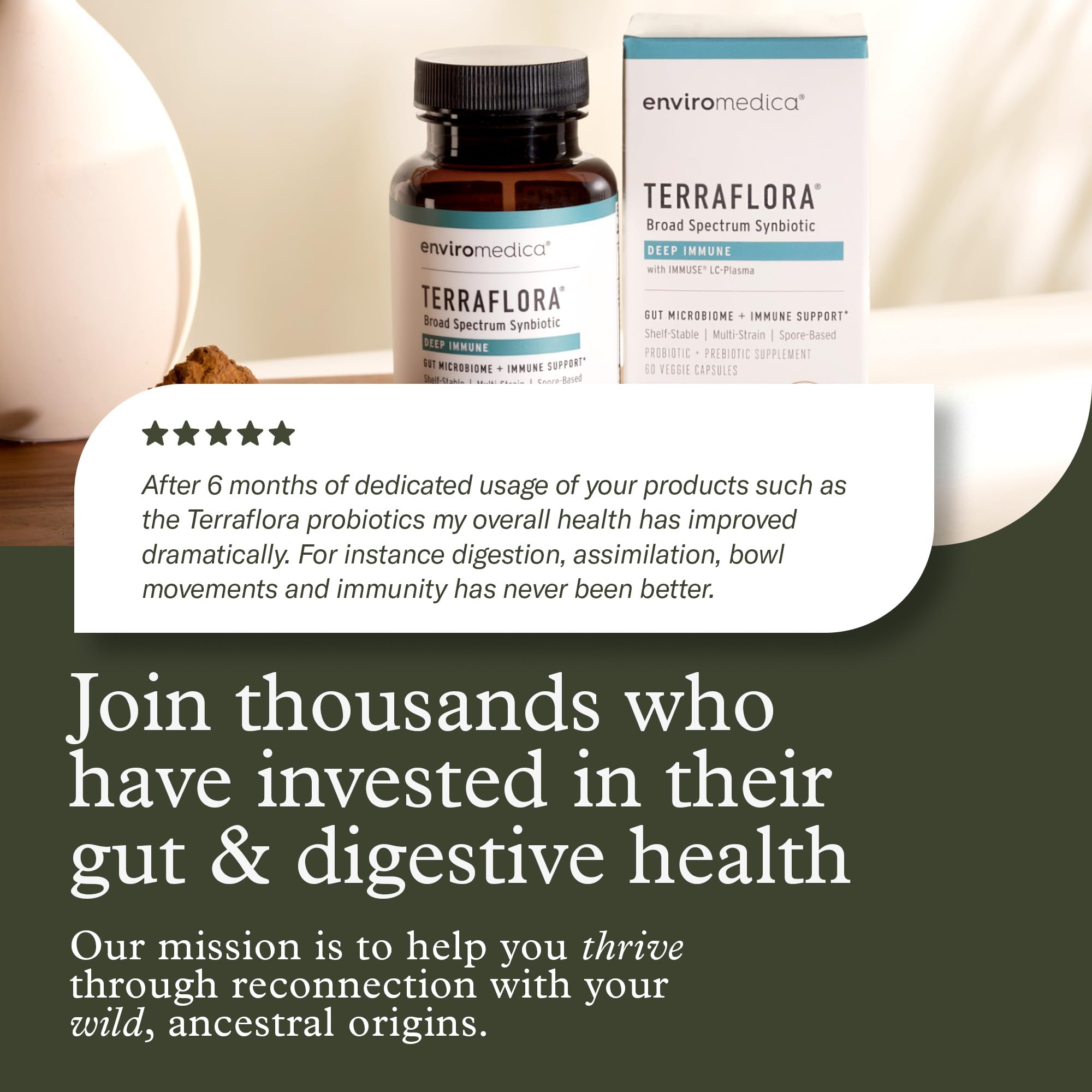 Terraflora Deep Immune Synbiotic- SBO Probiotic and Prebiotic, Immune Support, Gut Health, Soil Based Spore Pre and Probiotics for Women and Men, LC-Plasma, Bacillus Coagulans, Subtilis, 60 Capsules - TrustMedUSA